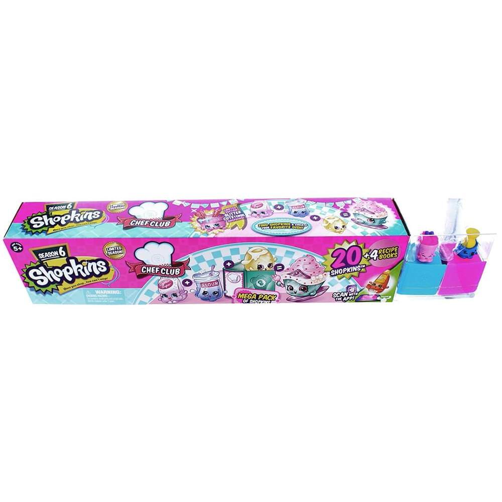 Shopkins CHEF CLUB  
SEASON 6  
LIMITED EDITION  

WARNING:  
BLISTER CLETRON TU HUPO AK Amtts Sa BLOUP  

MEGA PACK OF 20 + 4 BOOKS  
SCAN WITH THE APP!