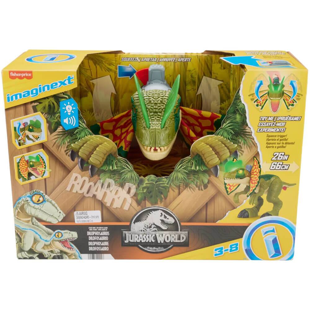 Sure, here is the corrected and grouped text from the image:

---

**fisher-price imaginext**

**ROAR!**

**JURASSIC WORLD**

**DILOPHOSAURUS**

**DILOPHOSAURIO**

**DILOPHOSAURE**

**DILOPHOSAURO**

**TRY ME / PRUEBAME / ESSAYEZ-NOI / EXPERIMENTEI**

**SQUEEZE / APRETAR / APPUYEZ / APERTE**

**Squeeze trigger! / Aprieta el gatilla! / Appuyez sur la détente! / Aperte a gatilla!**

**26IN / 66CM**

**3-8**

**WARNING: CHOKING HAZARD - Small parts. Not for children under 3 years.**

**TRY ME / PRUEBAME / ESSAYEZ-NOI / EXPERIMENTEI**

**Squeeze trigger! / Aprieta el gatilla! / Appuyez sur la détente! / Aperte a gatilla!**

**26IN / 66CM**

**3-8**

---