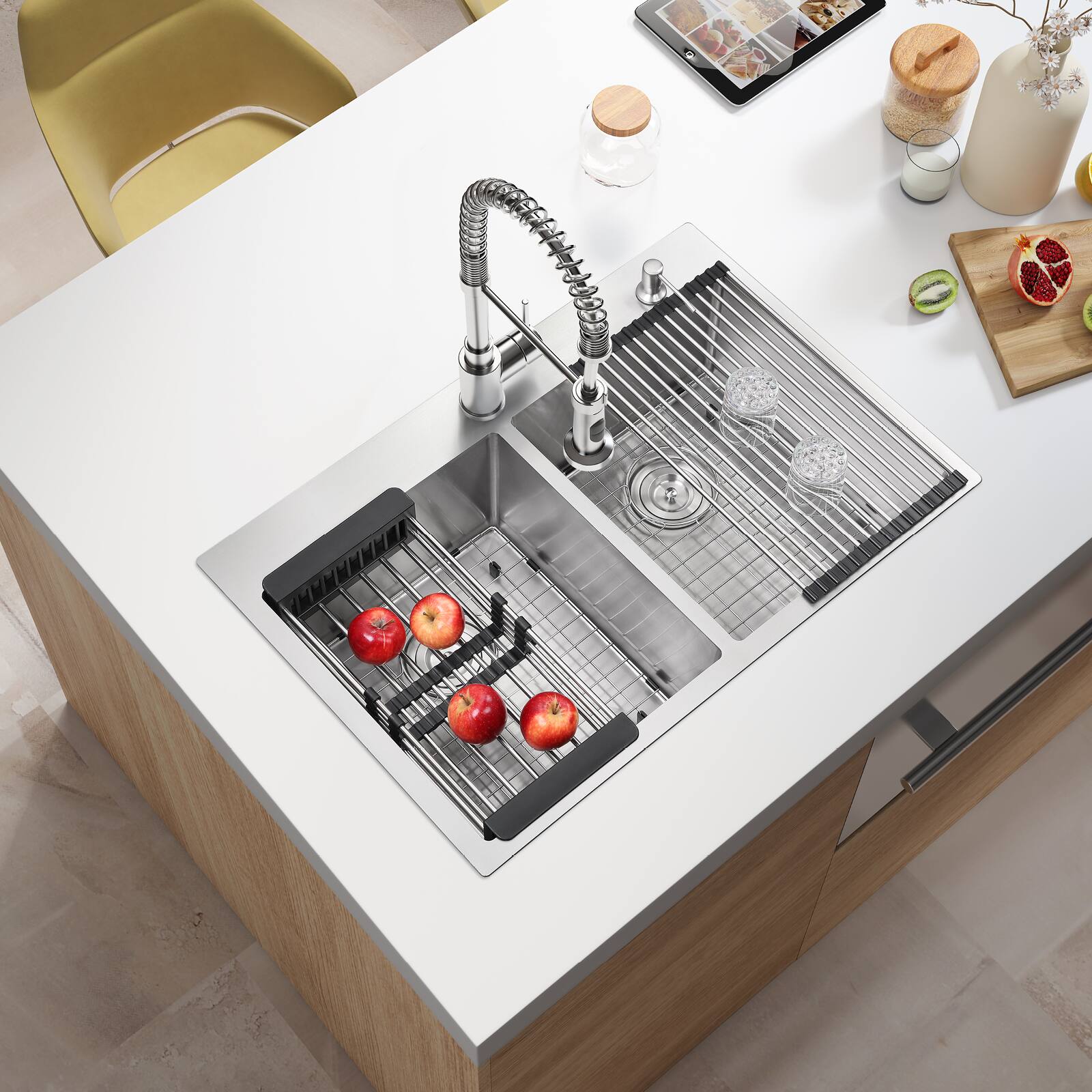 Angle. Akicon - Akicon 33 in. Drop-in Double Bowl 20-Gauge Silver Nano-Coated Kitchen Sink with Grid, Strainer, Colander and Rollup Rack - Silver.