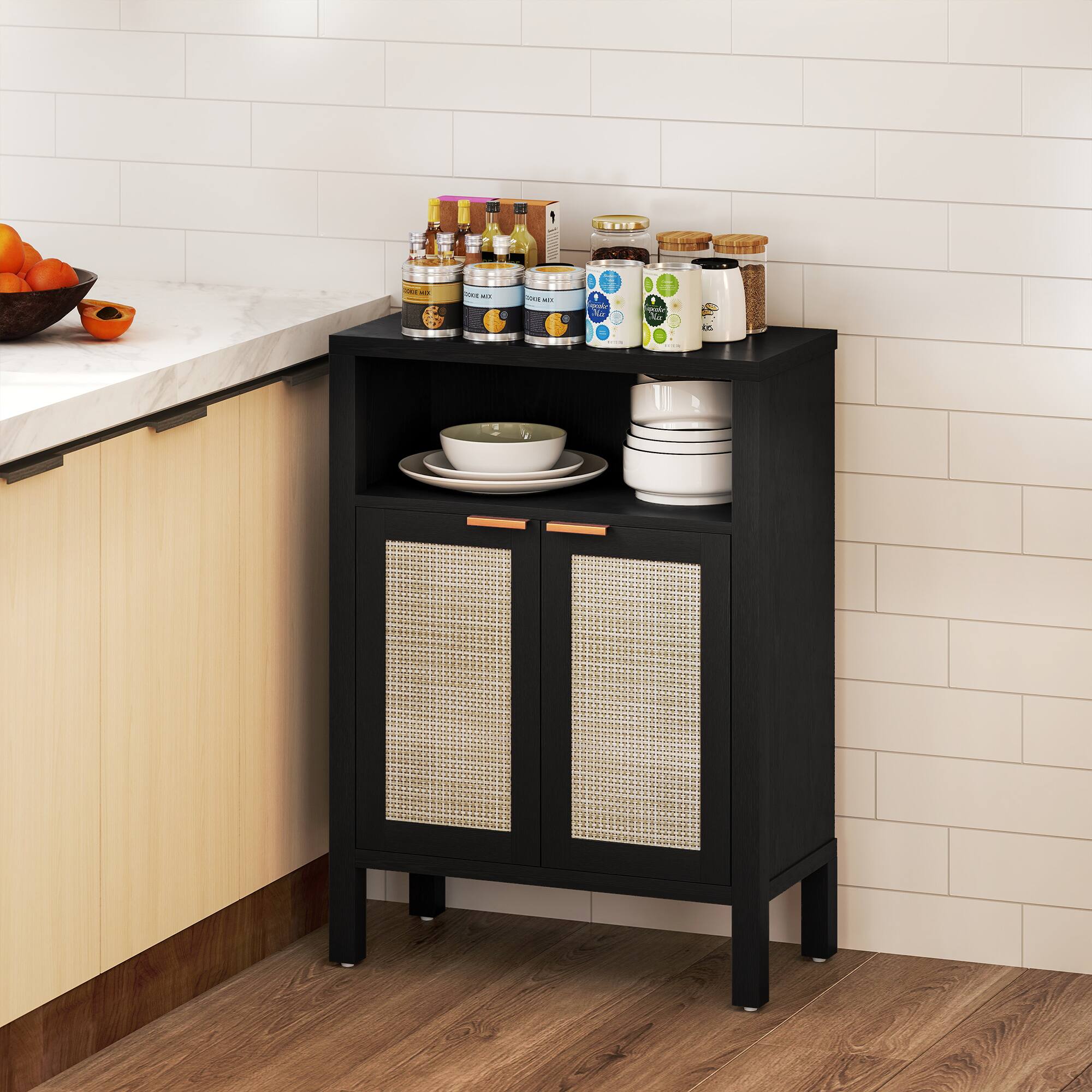 Alt View 1. Homcom - Rattan Sideboard Buffet Cabinet with Storage, Modern Accent Cabinet with 2 Doors and Adjustable Shelf - Black.