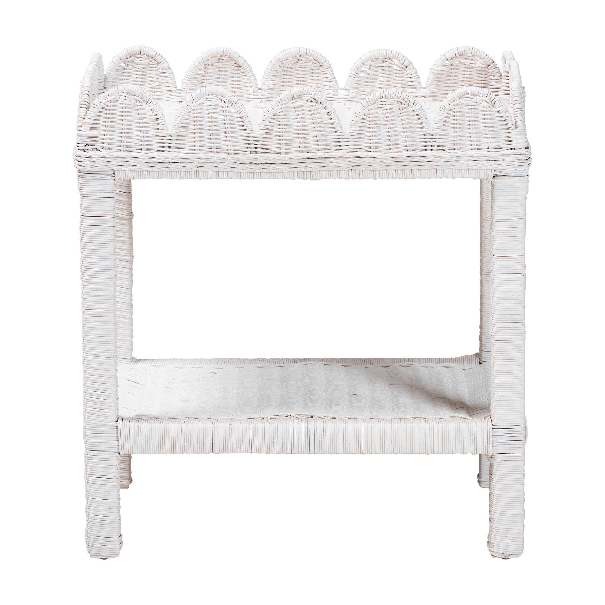 Angle. bali & pari - Sumana Natural Rattan Side Table - Handwoven Wicker 2-Tier Accent End Table with Scalloped Tray Top for Living Room - White.