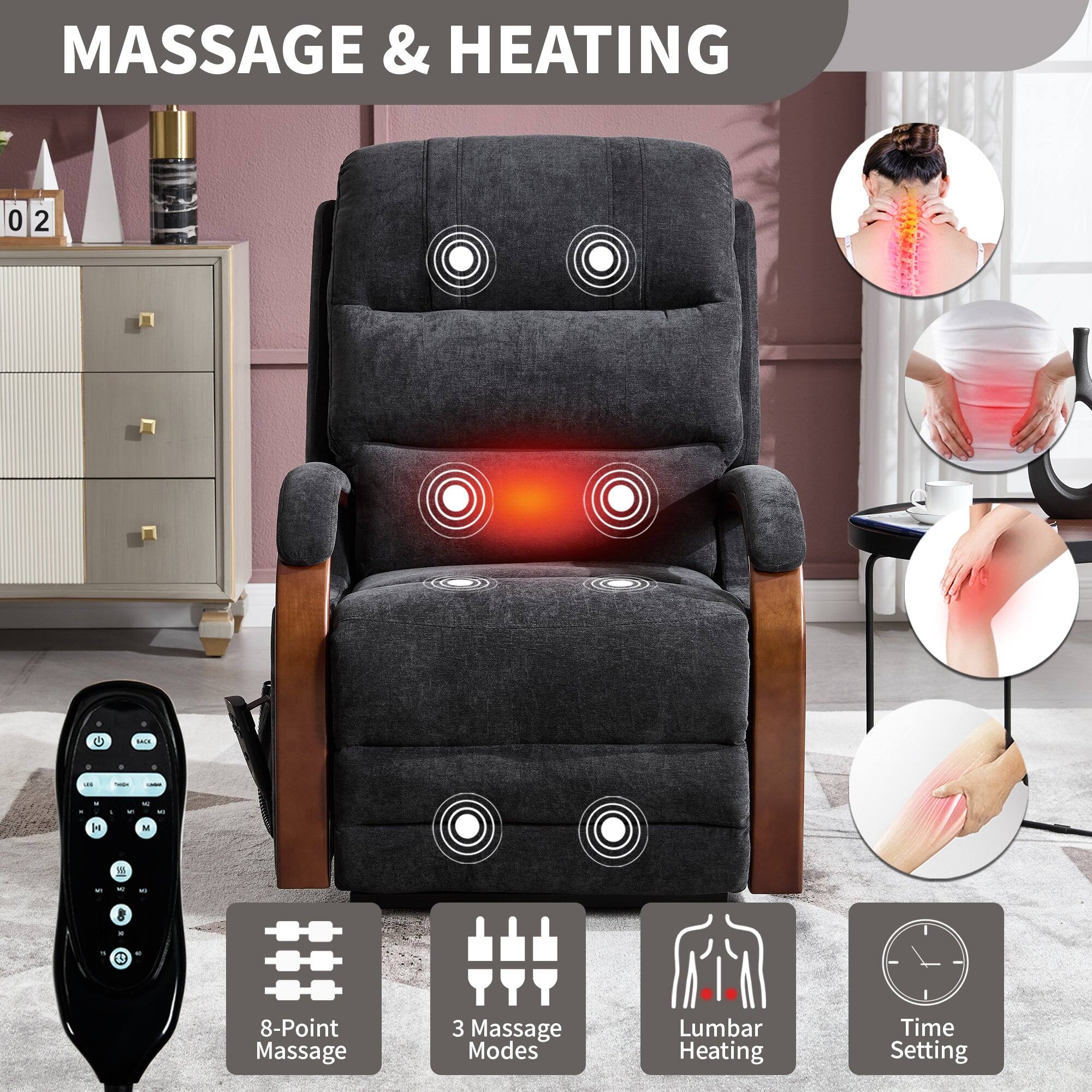 MASSAGE & HEATING

8-Point Massage  
3 Massage Modes  
Lumbar Heating  
Time Setting