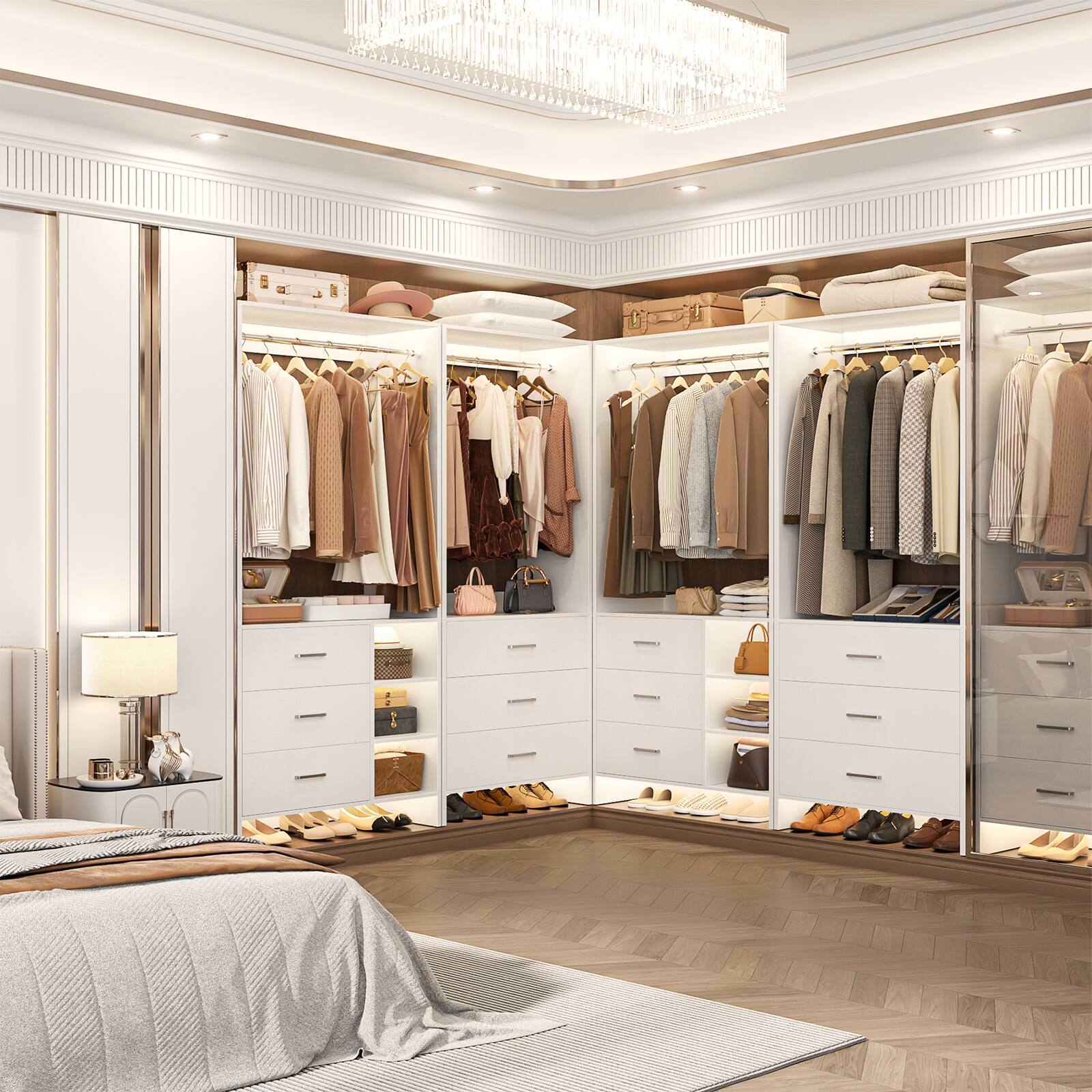 Left. Aheaplus - Wardrobe Closet System 2-Piece Set, 4.5ft Organizer System with 6 Drawers and 2 Hanging Rods - White.