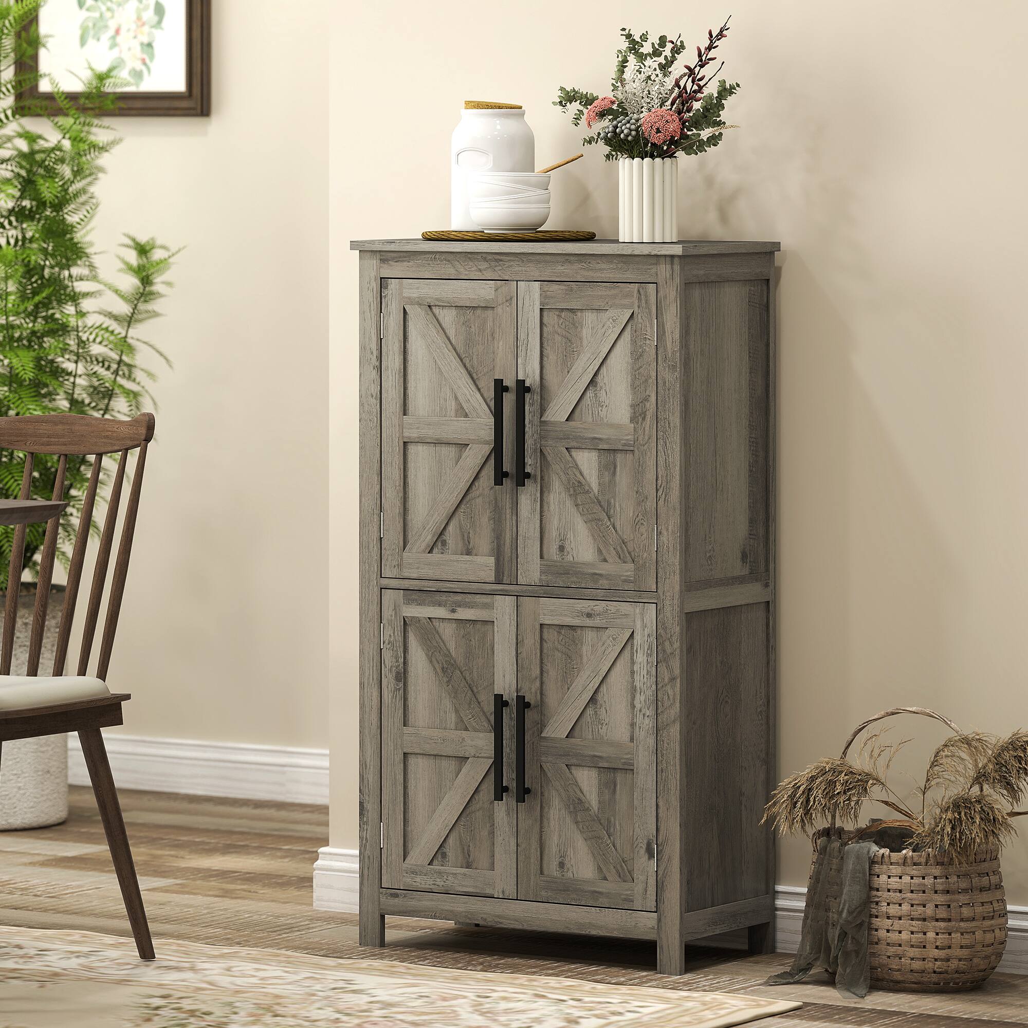 Alt View 8. Homcom - Floor Storage Cabinet, Farmhouse Bathroom Cabinet with 4 Doors and Adjustable Shelf - Light Gray.