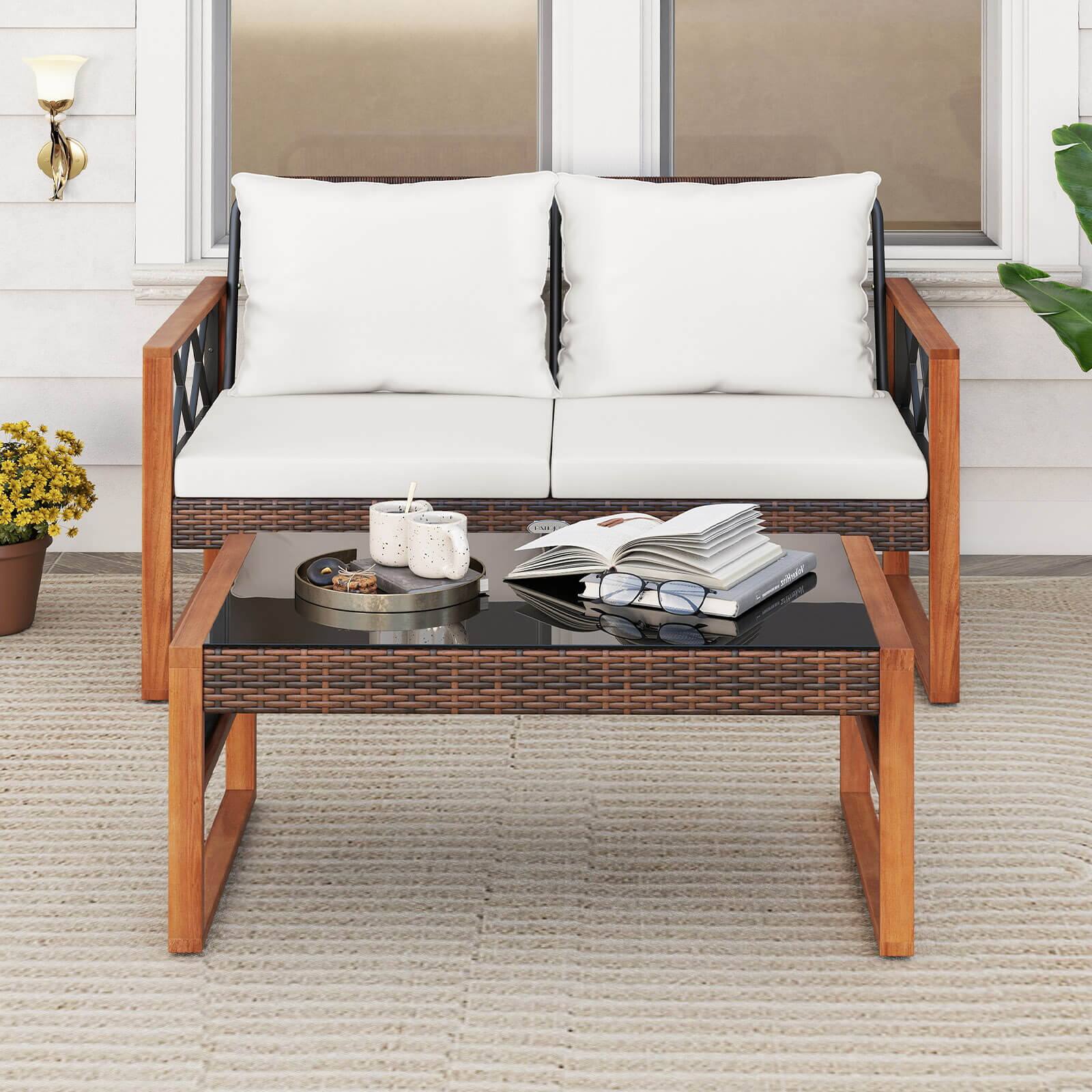 Alt View 3. Costway - Costway 2 Pieces Patio PE Wicker Furniture Set Outdoor Acacia Wood Loveseat for Porch - Mix Brown,Off White.