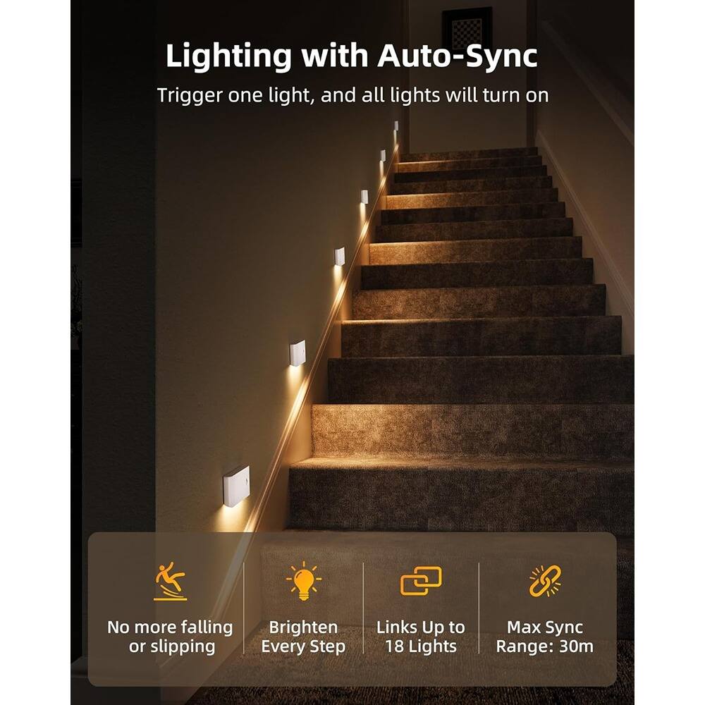 Lighting with Auto-Sync  
Trigger one light, and all lights will turn on  

- No more falling or slipping  
- Brighten Every Step  
- Links Up to 18 Lights  
- Max Sync Range: 30m