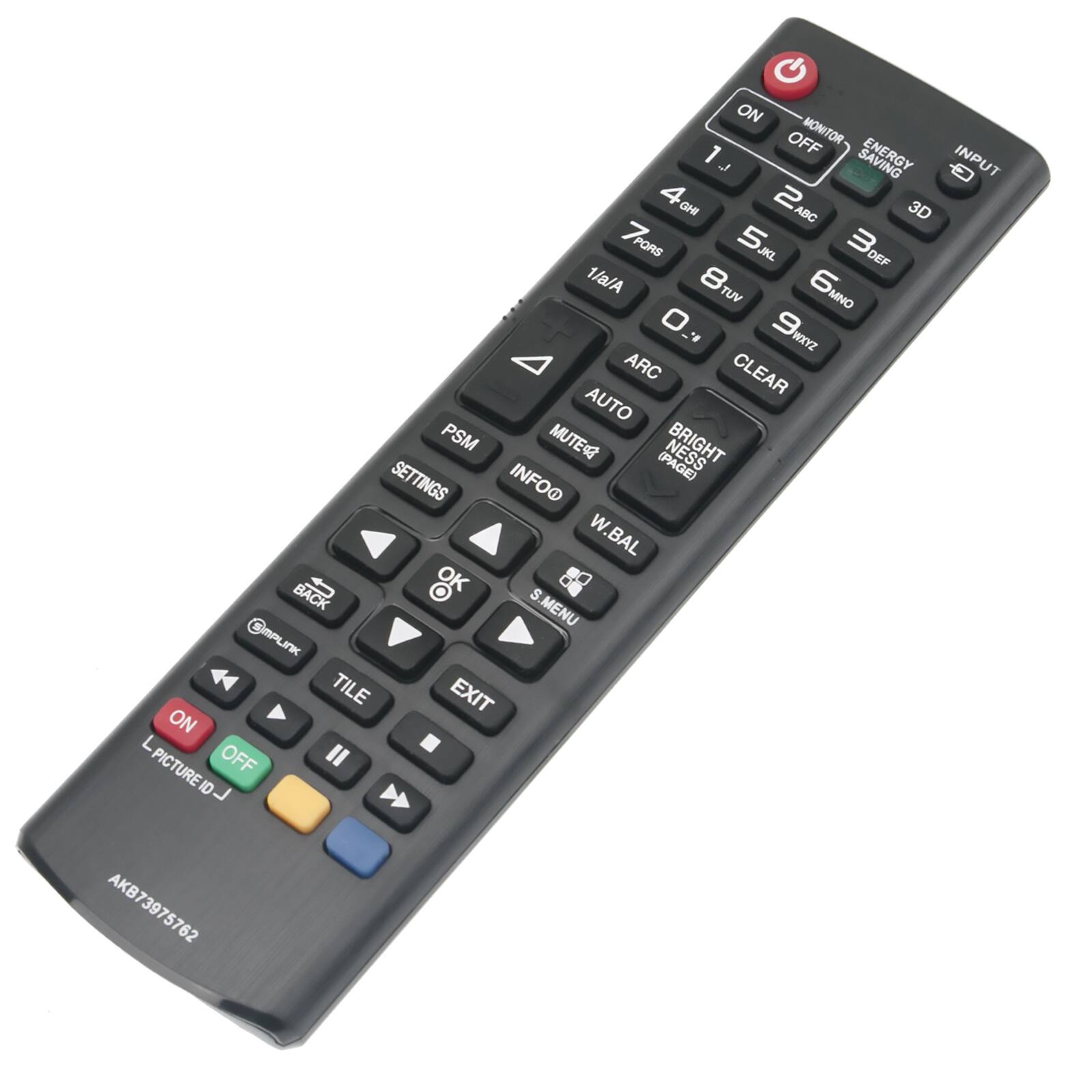ON OFF MONITOR 1 ENERGY INPUT 1. GHI 2 ABC 3D PQRS 5 JKL 3 DEF 1/a/A 8 VUT 6 MNO 9 WXYZ ARC CLEAR AUTO PSM MUTE BRIGHT SETTINGS INFOO NESS W W.BAL BACK Q S MENU SMPLINK TILE EXIT ON L PICTURE OFF ID L AKB73975762