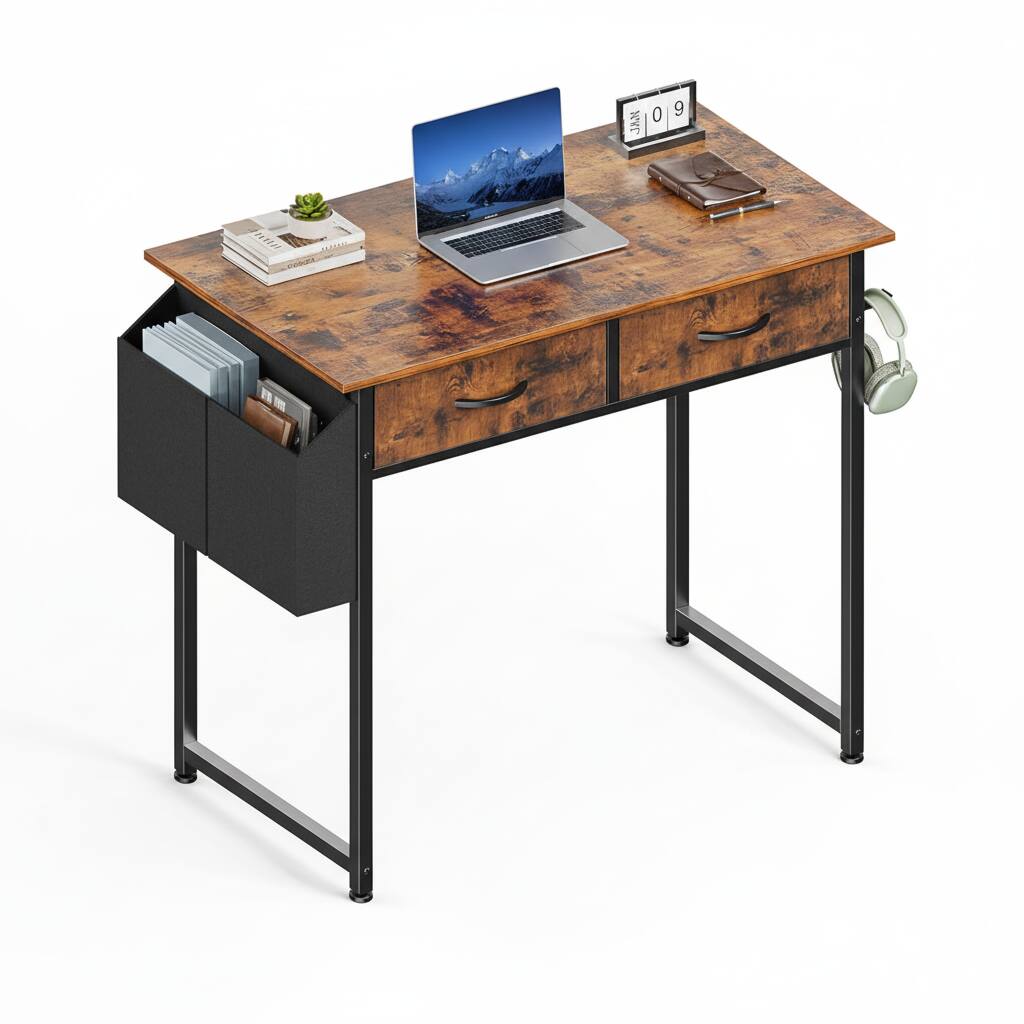 AOITUN - 32 Inch Rustic Desk with Storage Bag & Hook, Small Computer Writing Table for Home Office, Dorm Room & Students - Brown