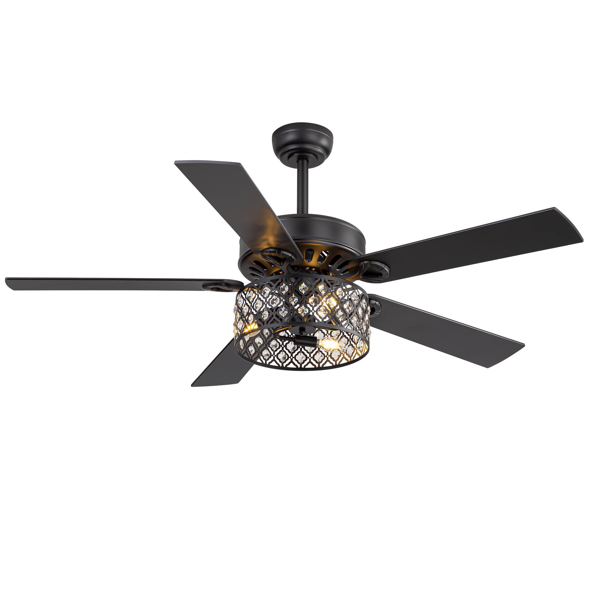 Angle. Breezary - 52 Inch Ceiling Fan with Light, Crystal Drum Shade, 5 Dual-Finish Blades, Remote, 5&10 Inch Downrods - matte black and walnut.
