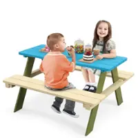 Costway Kids Wooden Picnic Table Set Solid Dining Table with Built-in Benches for Patio - Blue + Green + Beige - Front_Zoom