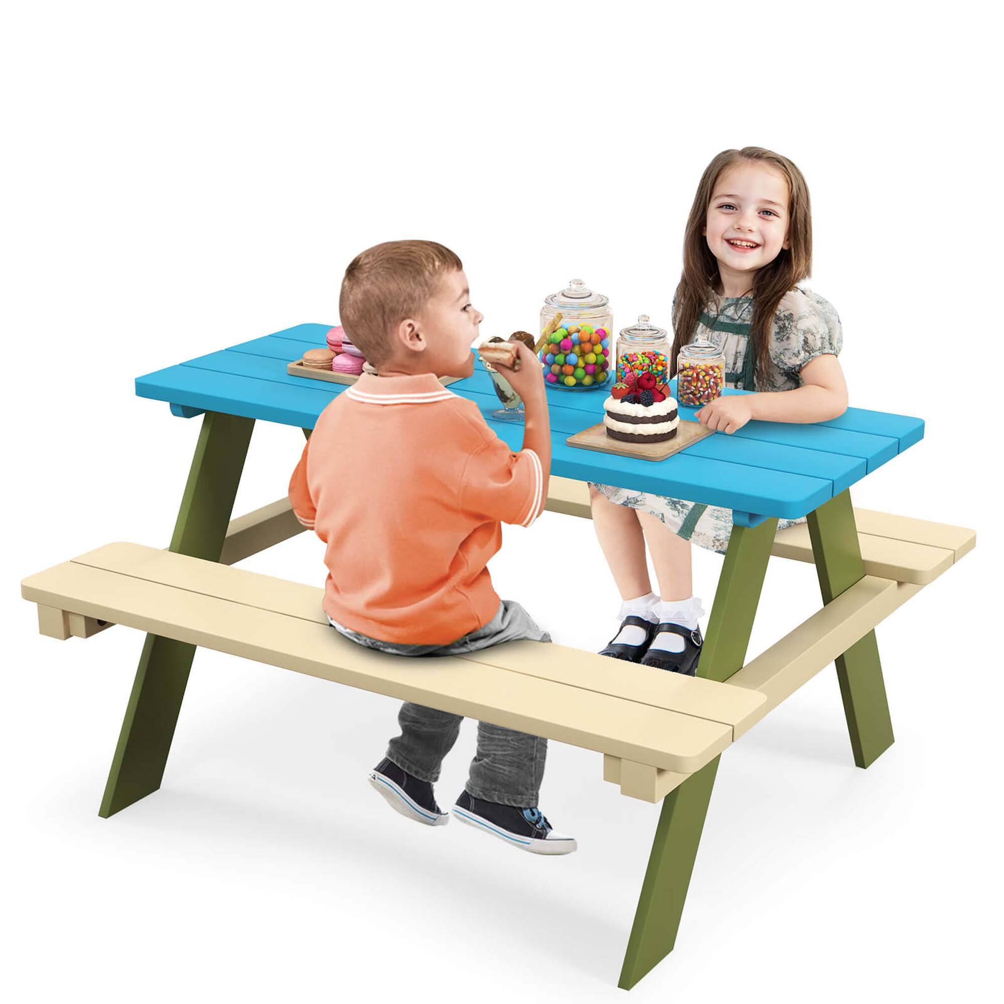 Front. Costway - Kids Wooden Picnic Table Set Solid Dining Table with Built-in Benches for Patio - Blue + Green + Beige.