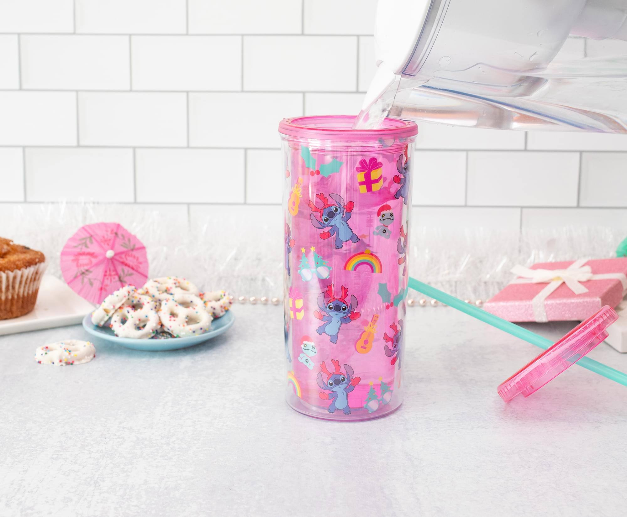 Alt View 4. Silver Buffalo - Disney Lilo & Stitch Christmas Stitch 20-Ounce Carnival Cup With Lid and Straw - Pink.