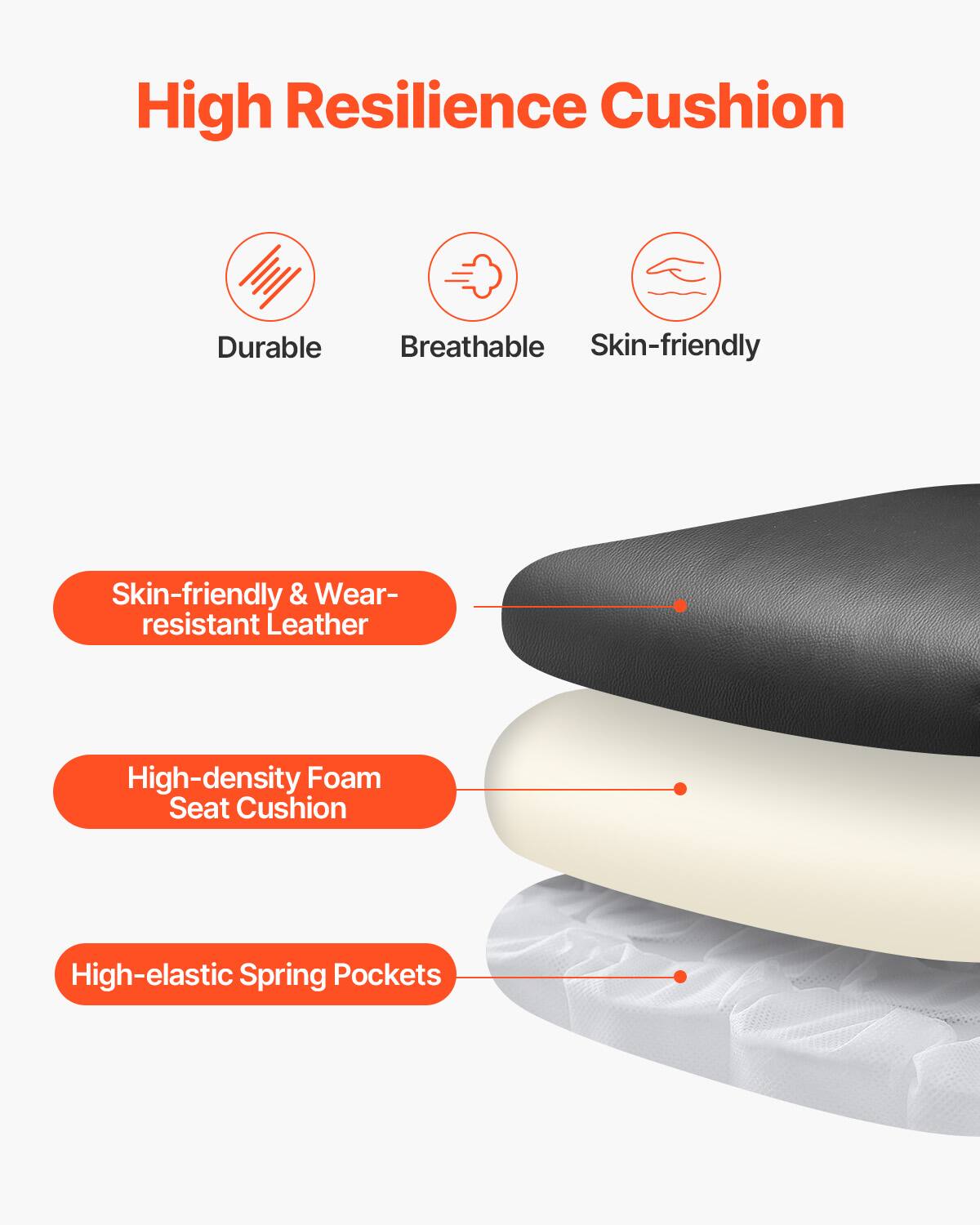High Resilience Cushion

- Durable
- Breathable
- Skin-friendly

- Skin-friendly & Wear-resistant Leather
- High-density Foam Seat Cushion
- High-elastic Spring Pockets