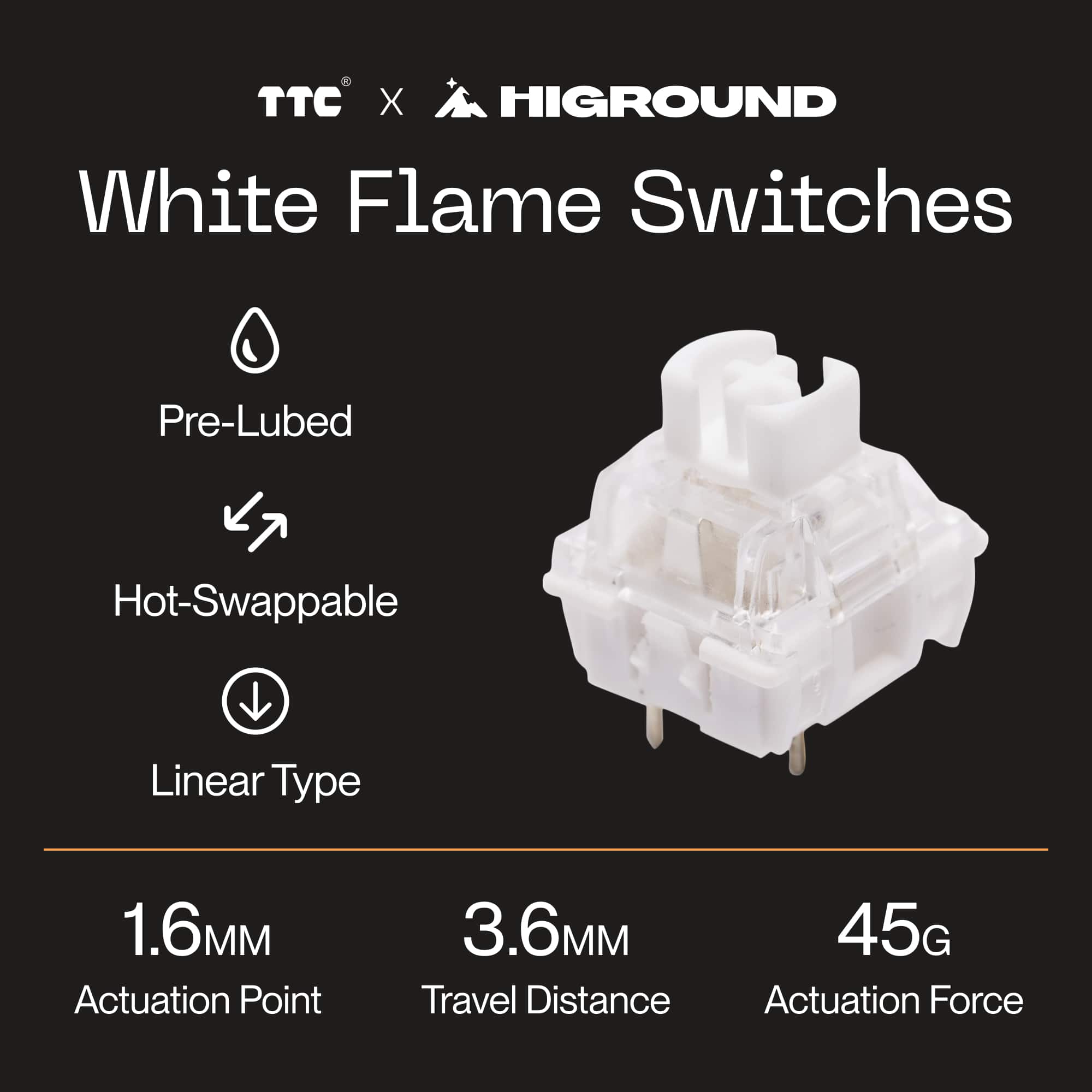 TTC X HIGROUND White Flame Switches Pre-Lubed Hot-Swappable Linear Type 1.6 Actuation Point 3.6 Travel Distance 45G Actuation Force