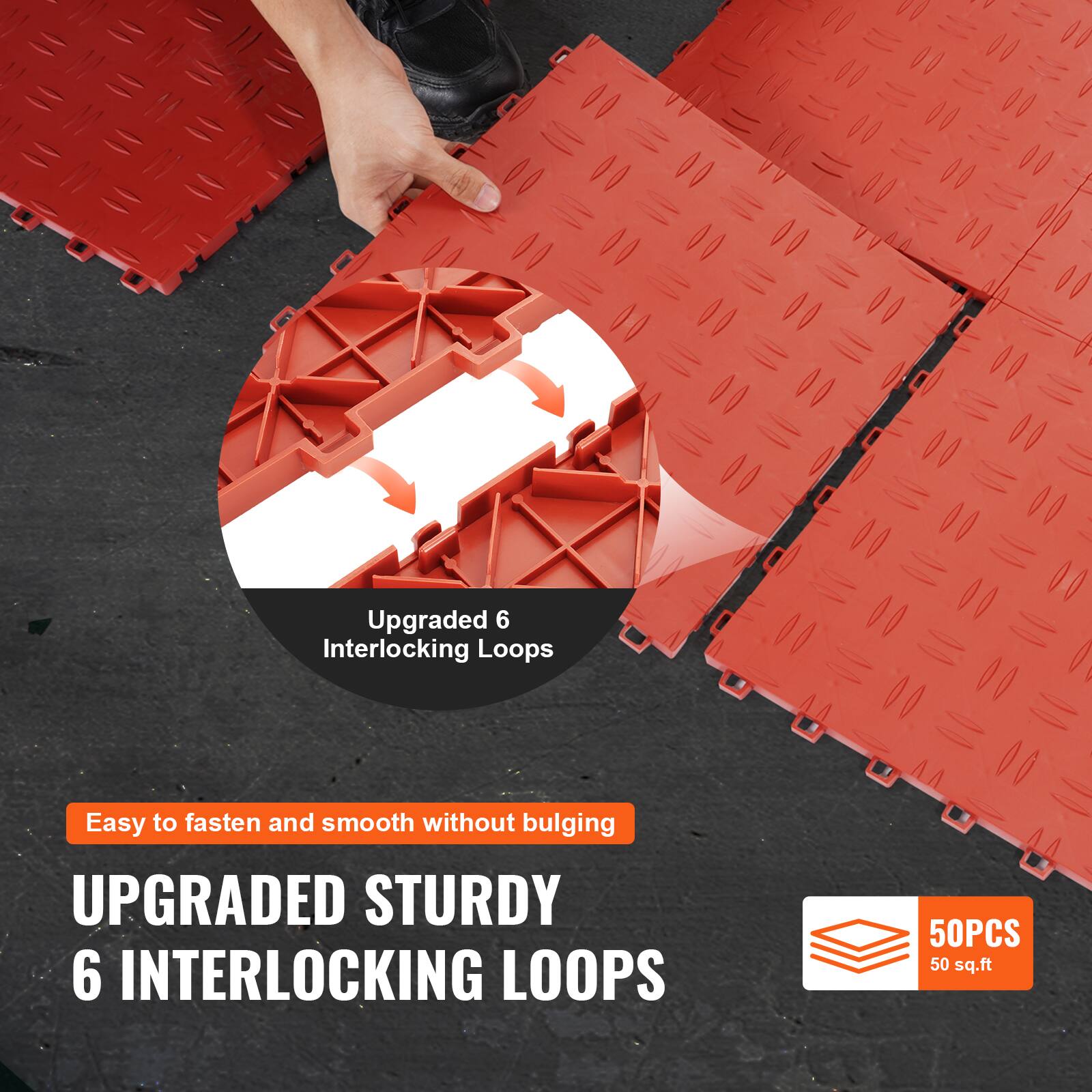 Upgraded 6 Interlocking Loops  
Easy to fasten and smooth without bulging  
UPGRADED STURDY 6 INTERLOCKING LOOPS  
50PCS  
50 sq.ft