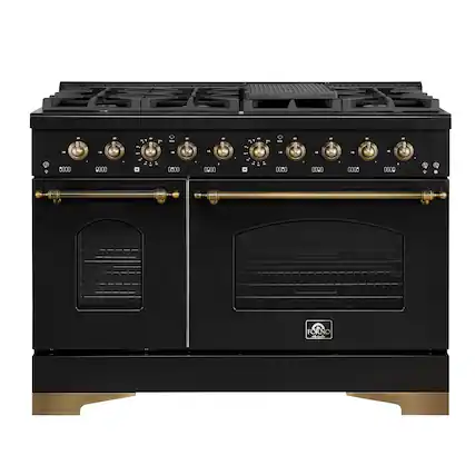 Forno Appliances - Antico 5.5 Cu. Ft. Freestanding Double Oven Dual Fuel Convection Range with Antique Brass Accents - Black