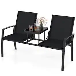 Costway - Patio Loveseat with Built-in Table, Breathable Fabric Back and Seat, Metal Frame - Black