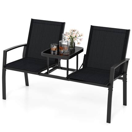 Front. Costway - Costway Patio Loveseat with Built-in Table, Breathable Fabric Back and Seat, Metal Frame - Black.