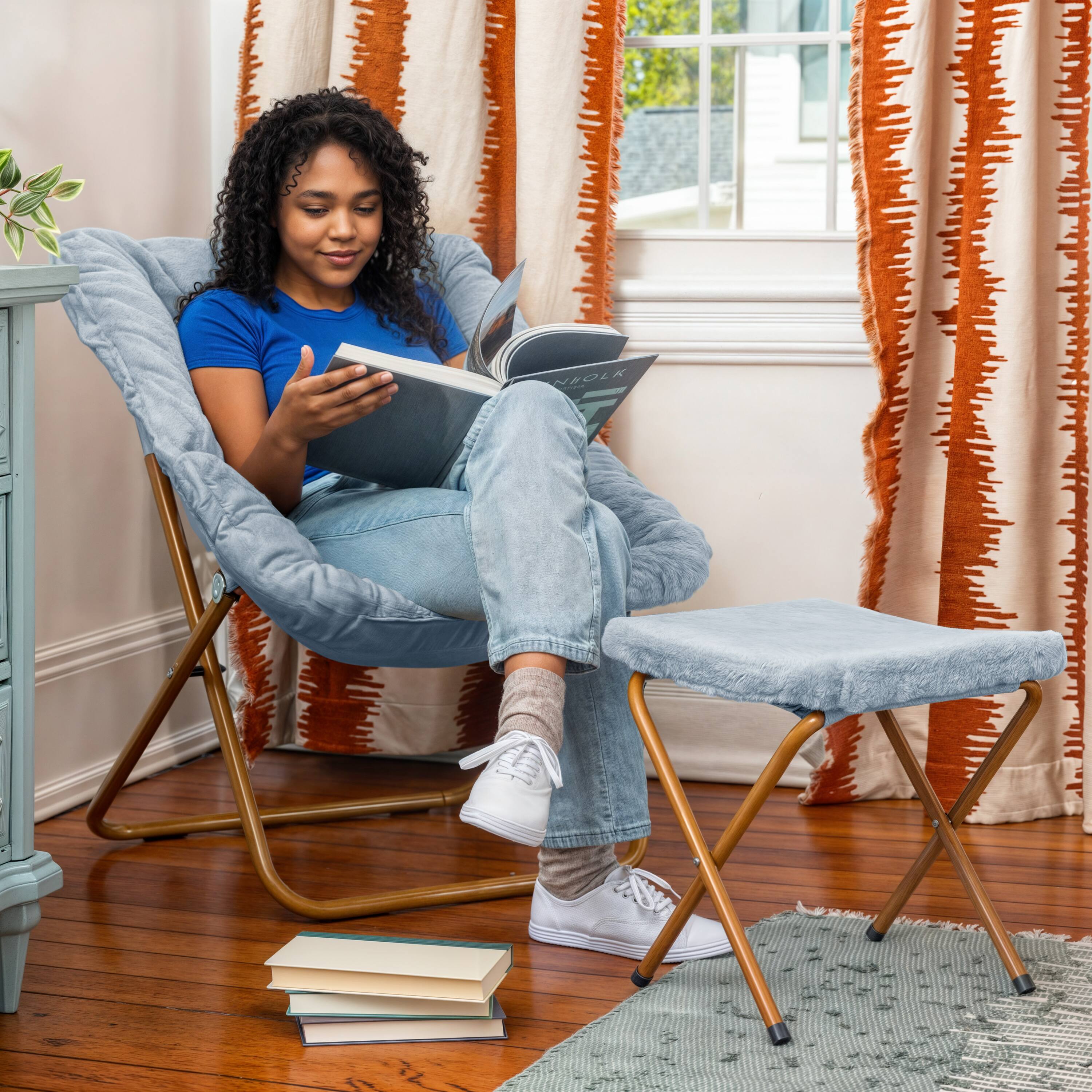 Alt View 3. Emma + Oliver - Aisling Oversized Folding Saucer Chair and Ottoman for Dorm, Bedroom - Aqua Fabric/Soft Gold Frame.