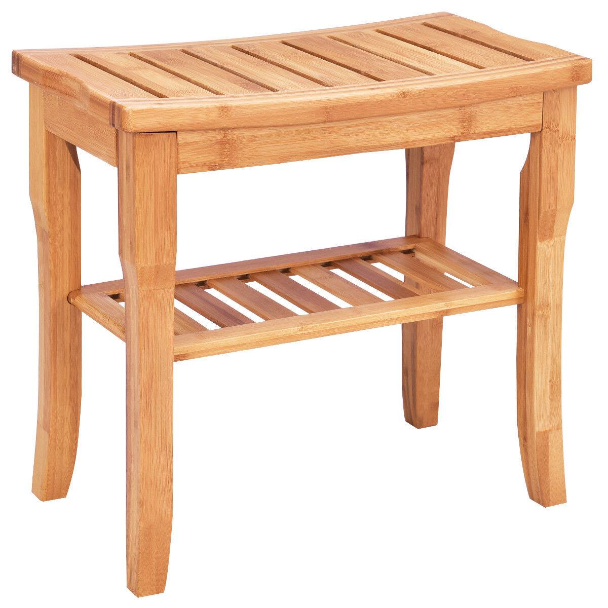 Front. Costway - Costway Bamboo Shower Seat Bench Bathroom Spa Bath Organizer Stool with Storage Shelf - Natural.