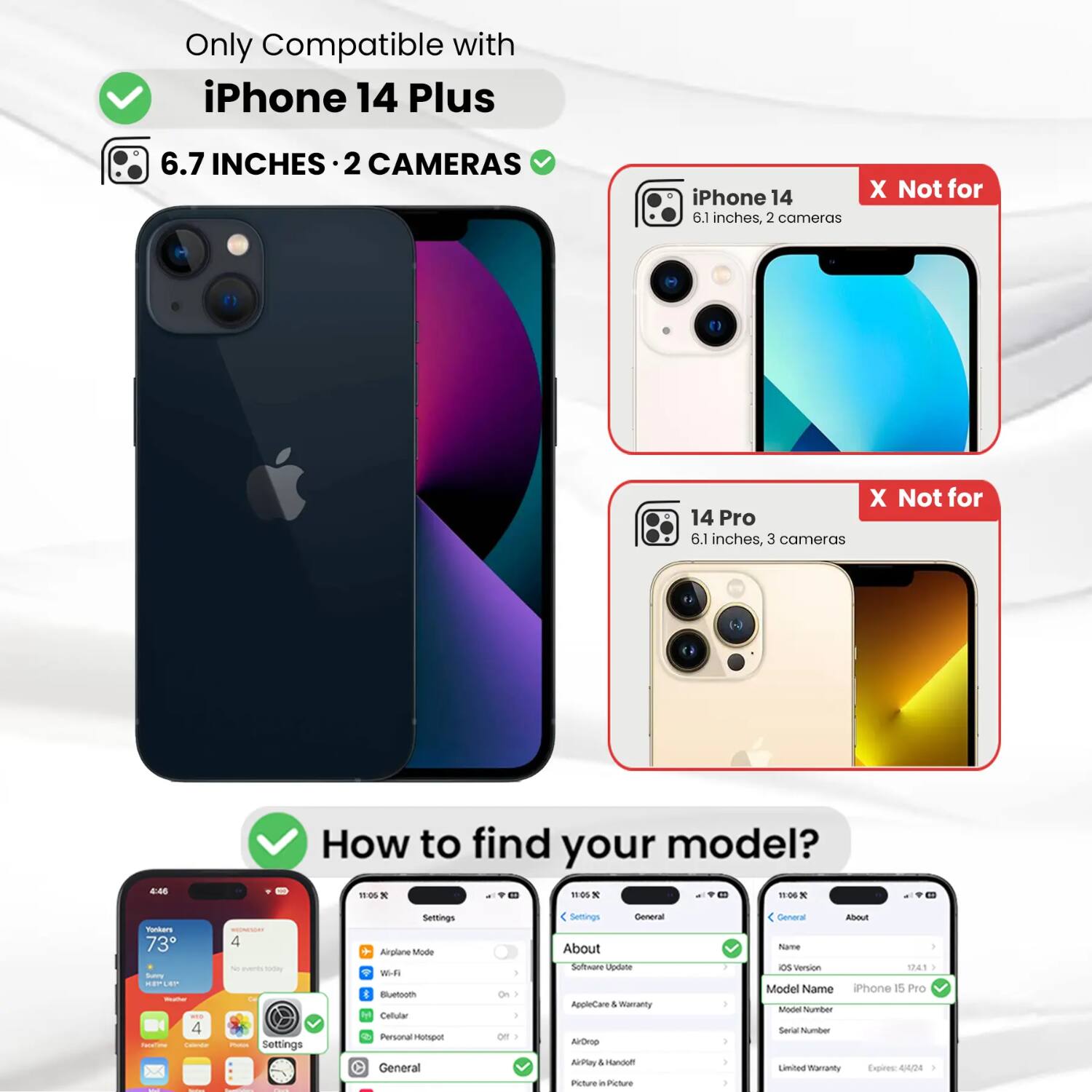 Only Compatible with iPhone 14 Plus  
6.7 INCHES · 2 CAMERAS  
iPhone 14 6.1 inches, 2 cameras  
X Not for  
14 Pro 6.1 inches, 3 cameras  
How to find your model?  
Settings General About Software Update AppleCare I Warranty AirDrop AirPlay I Handoff Picture in Picture  
General About Name / OS Version 17.4.1 I Model Name iPhone 15 Pro Model Number Serial Number Limited Warranty Expires: 4404