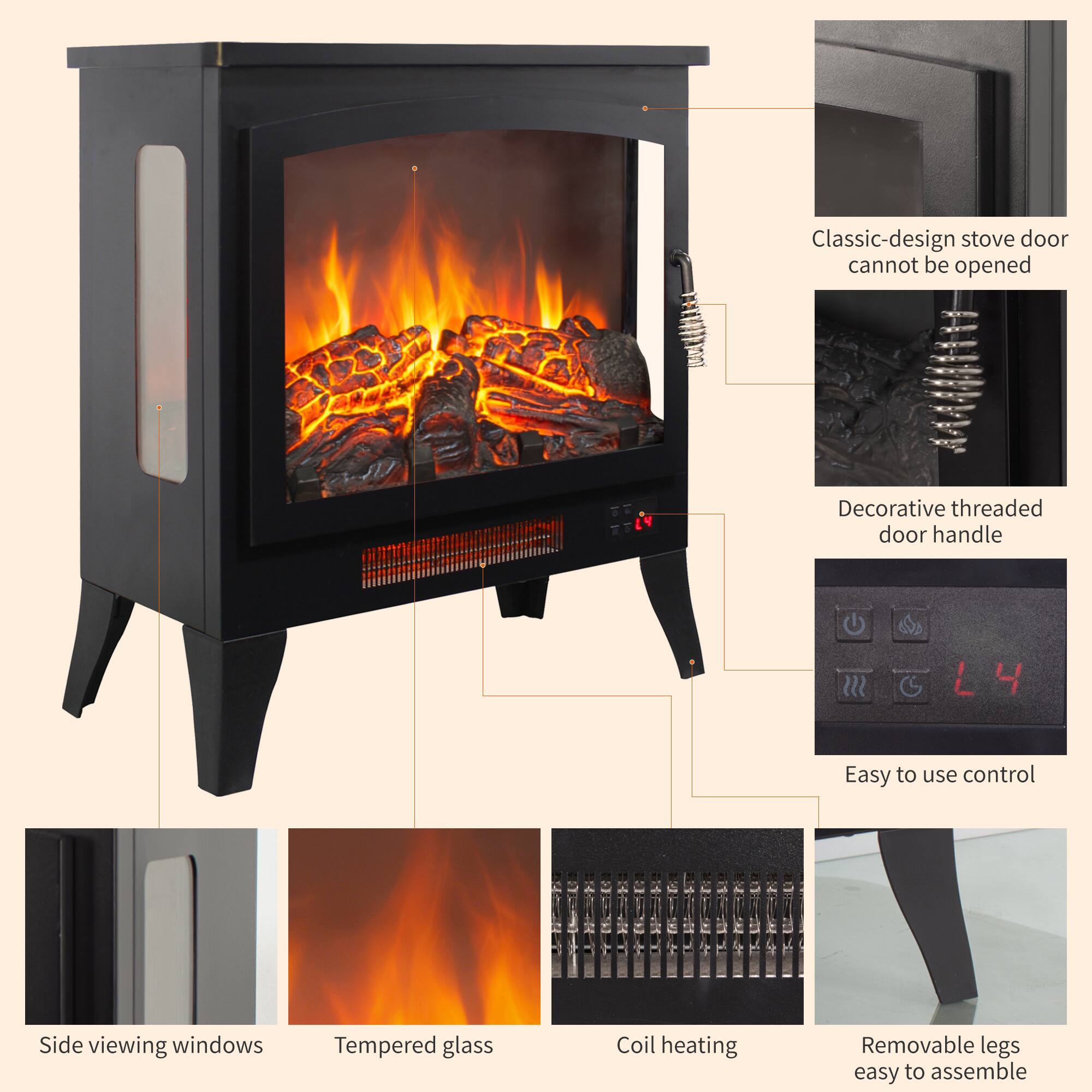Classic-design stove door cannot be opened  
Decorative threaded door handle  
Easy to use control  
Side viewing windows  
Tempered glass  
Coil heating  
Removable legs easy to assemble