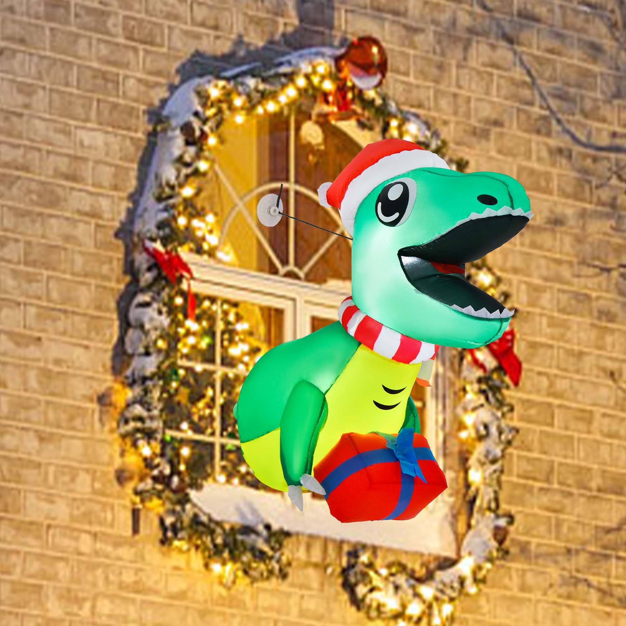 Alt View 5. Costway - 3.3' Christmas Inflatable Dinosaur Broke Out from Window Hanging Window Dinosaur - Multicolor.