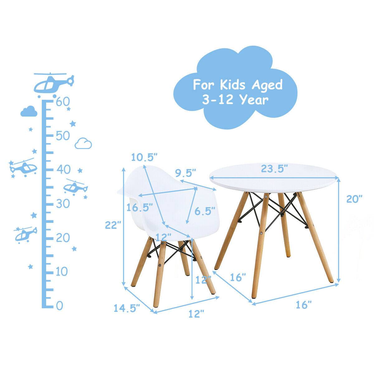 For Kids Aged 3-12 Year

- Height: 60"
- Table Dimensions:
  - Diameter: 23.5"
  - Height: 20"
  - Seat Height: 16"
  - Seat Depth: 12"
  - Armrest Height: 10.5"
  - Armrest Width: 9.5"
  - Leg Length: 16.5"
  - Leg Width: 6.5"
  - Base Width: 22"
  - Base Height: 14.5"