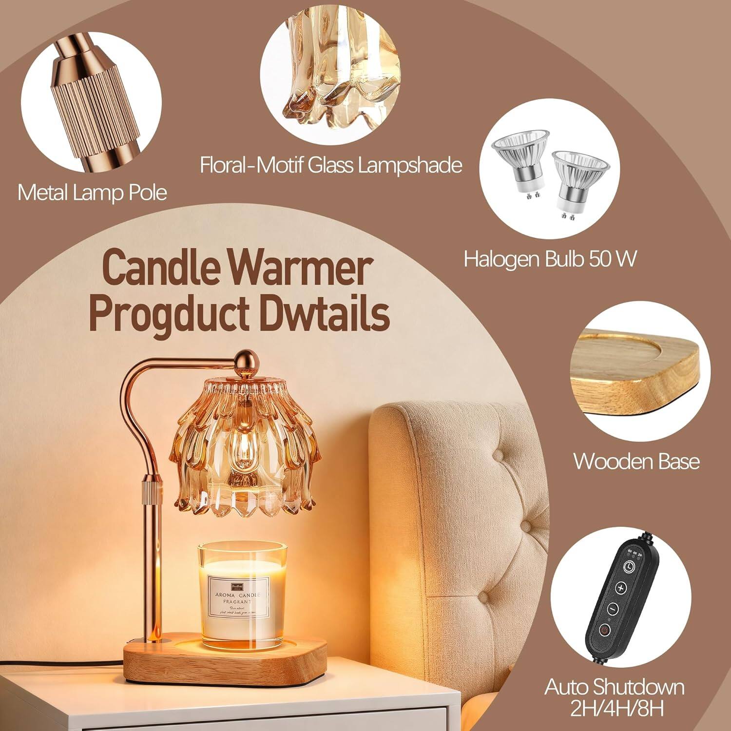 Floral-Motif Glass Lampshade Metal Lamp Pole

Candle Warmer Product Details

Halogen Bulb 50 W

Wooden Base

AROHA CANDE FRAGRANT Natural

Auto Shutdown 2H/4H/8H