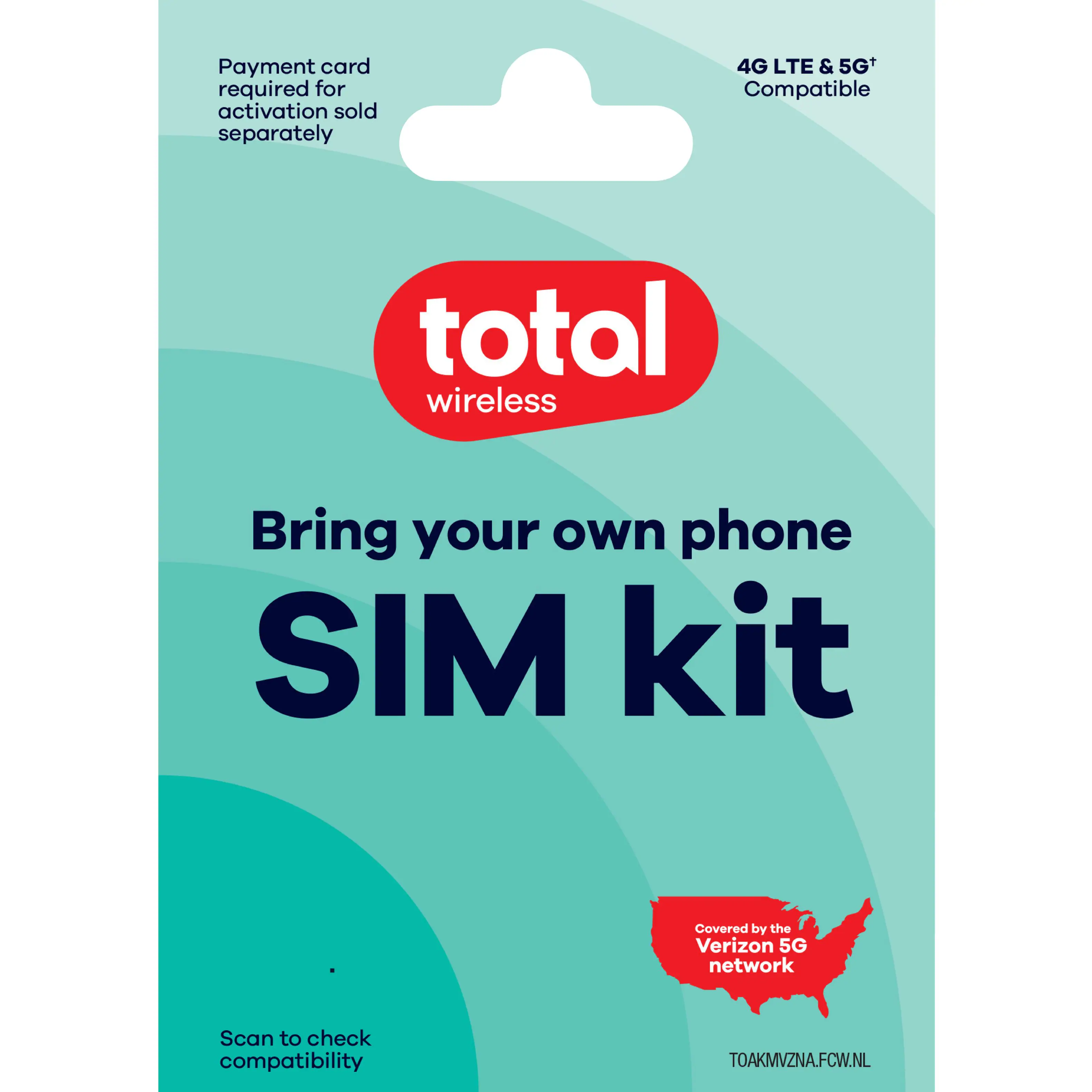 Payment card required for activation sold separately

4G LTE & 5G+ Compatible

total wireless

Bring your own phone SIM kit

Covered by the Verizon 5G network

Scan to check compatibility

TOAKMVZNA.FCW.NL