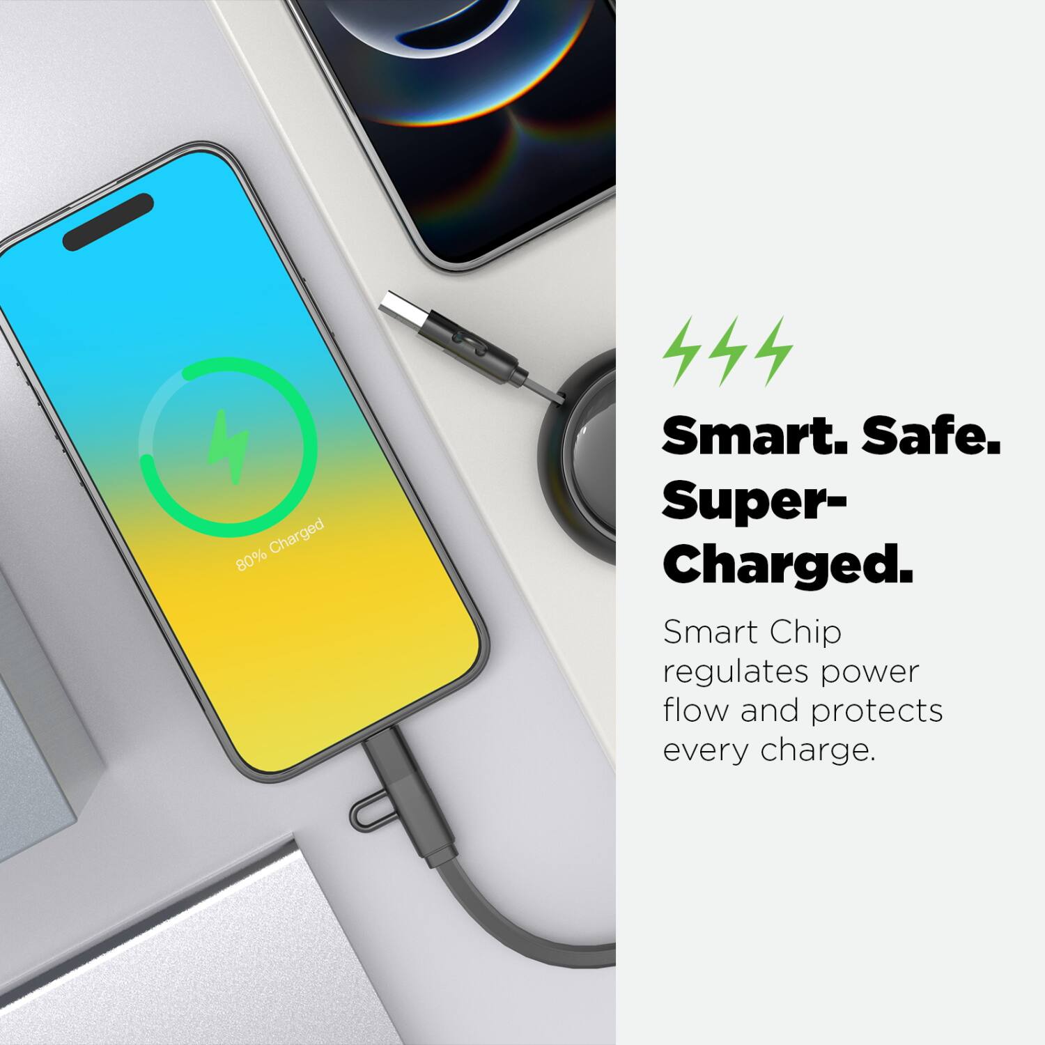 4 Charged 80%  
444 Smart. Safe. Super-Charged.  
Smart Chip regulates power flow and protects every charge.