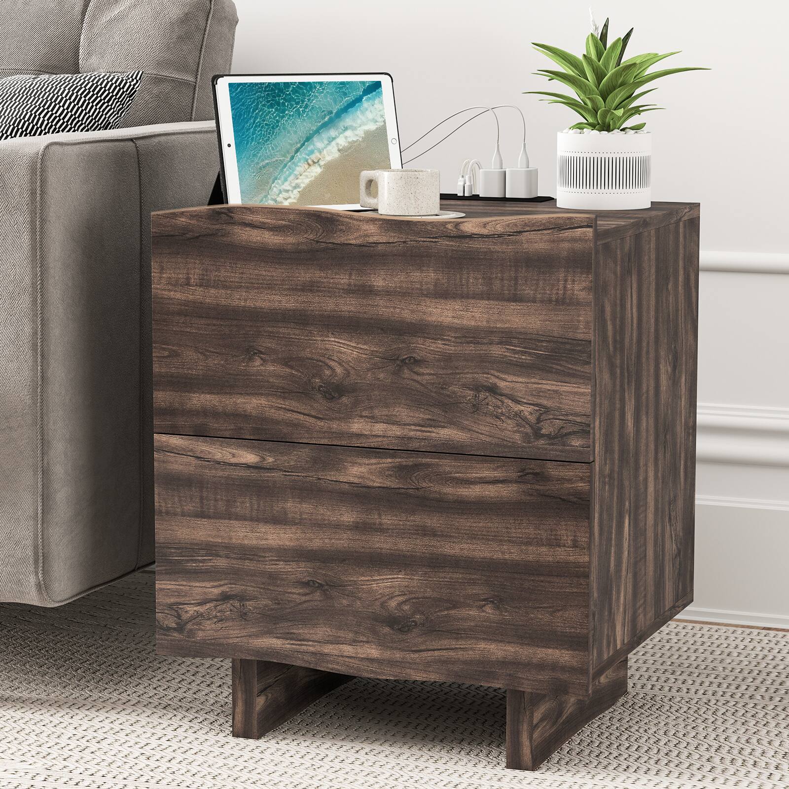 Alt View 10. Bestier - Wave Side Table with Drawer & Charging Station, AC Outlet, USB & Type-C Ports for Bedroom or Living Room - brown.