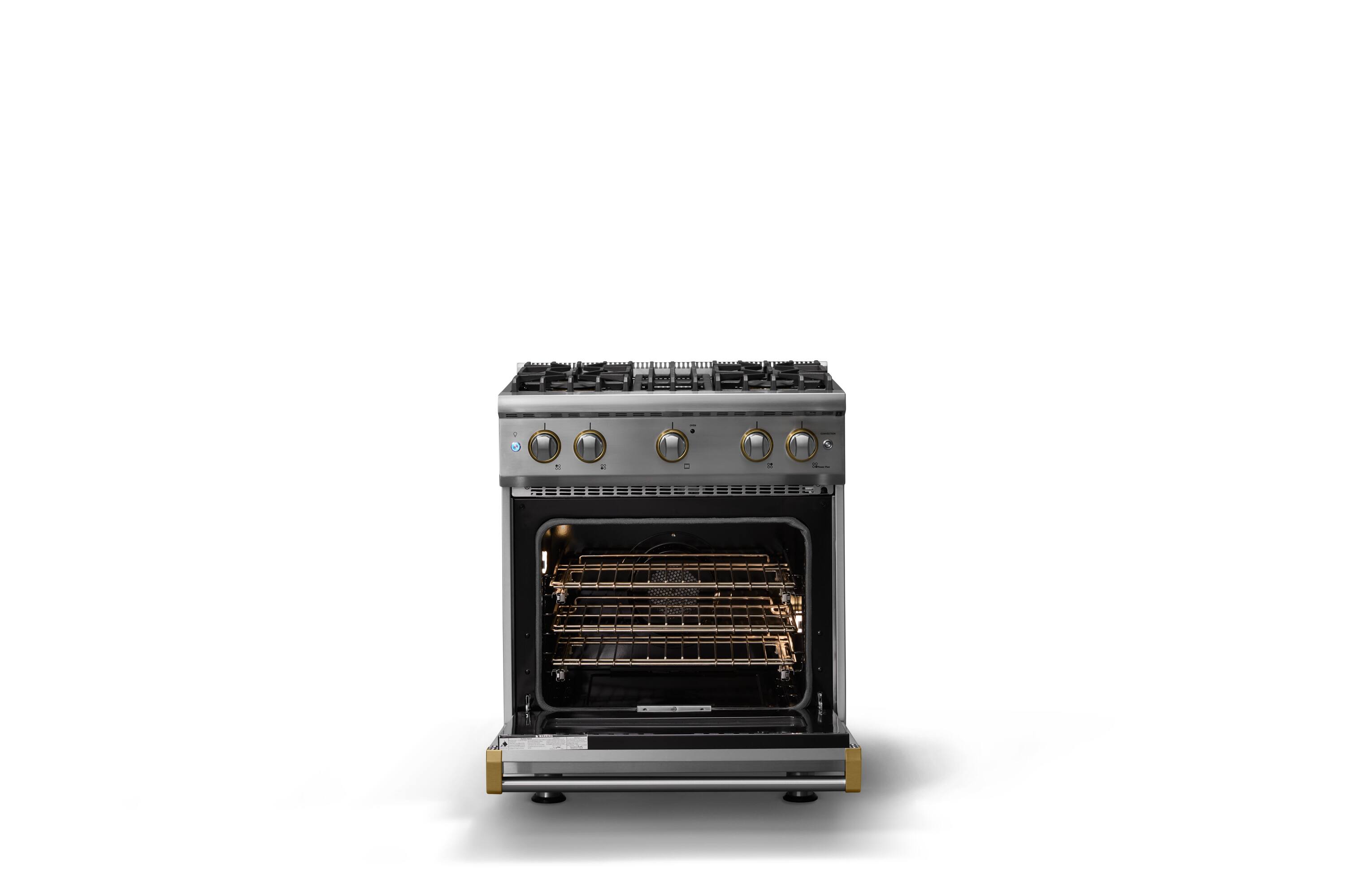 Alt View 2. Viking - 30"W. 4.0 Cu. Ft. Freestanding Manual Clean Sealed 4 Burner Gas Convection Range - Stainless Steel/Brushed Brass - Stainless Steel.