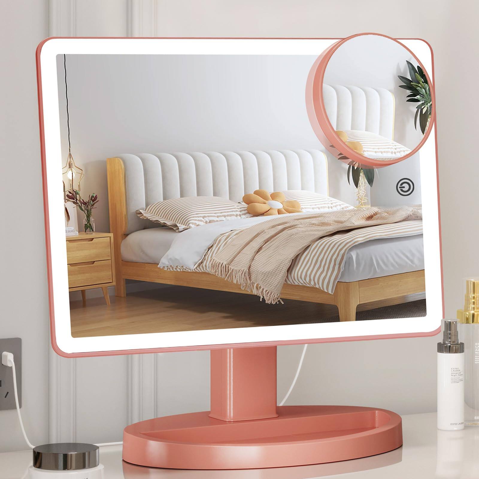 Front. TECH SAFARI - Large Lighted Vanity Makeup Mirror With Led Rotation Touch Screen x Magnification Portable Tabletop Make Up - 3 Color Lighting Rose Gold.