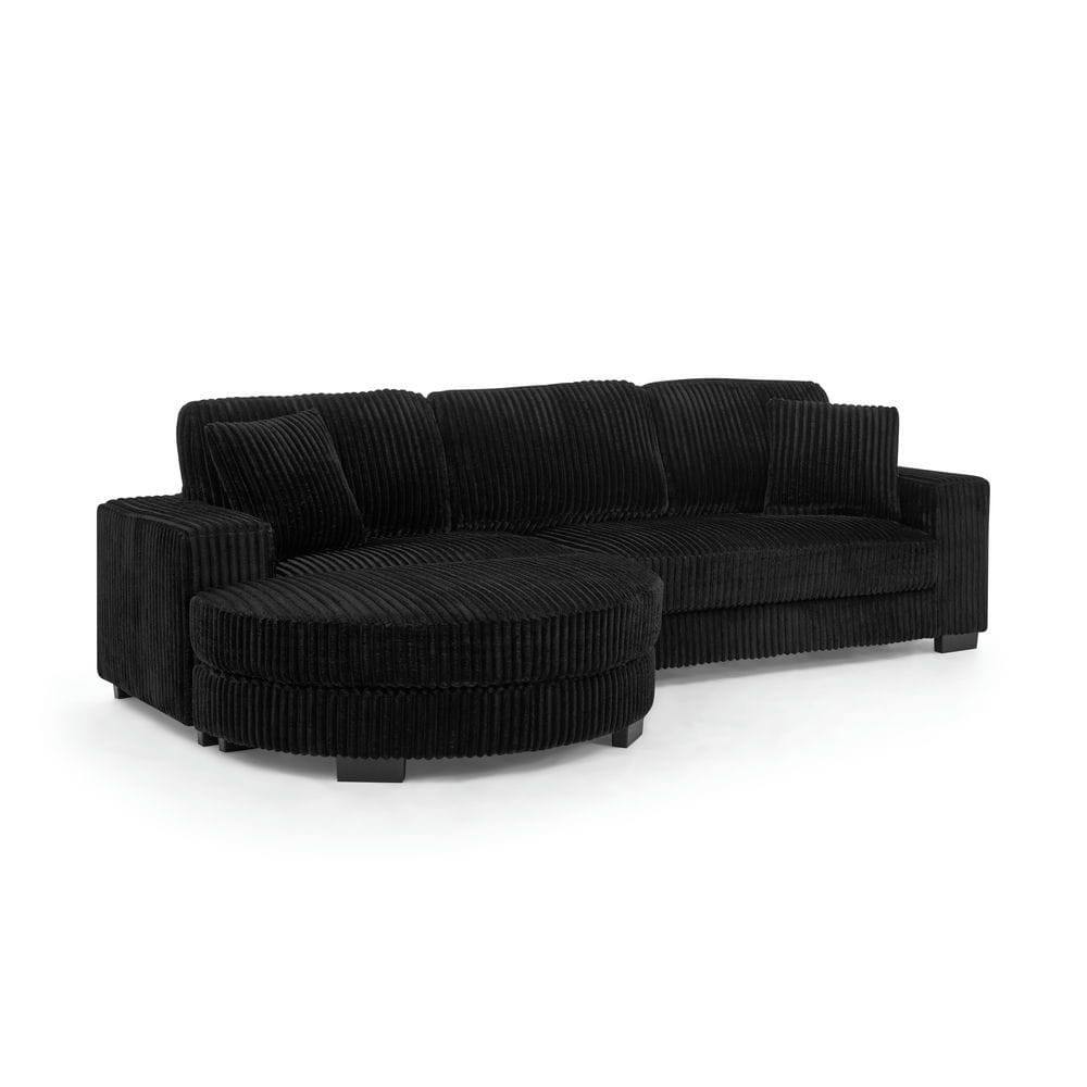 Left. Kadyn - Modular Sleeper Sectional with Ottoman, L-Shaped Corduroy Sofa with Tufted Upholstery, Black - Black.