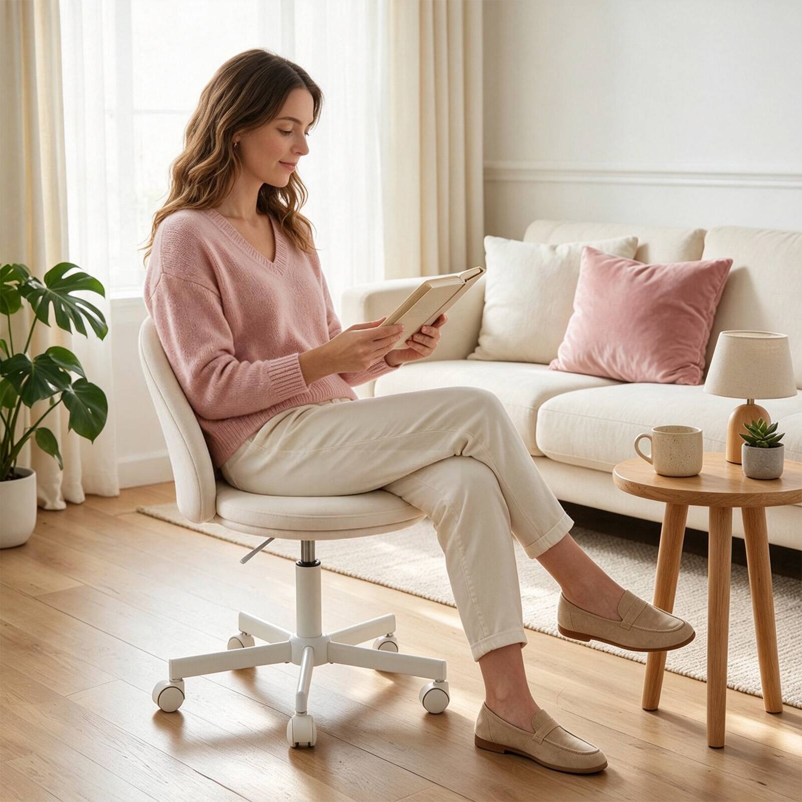 Alt View 4. Costway - Costway Ergonomic Makeup Chair with Lumbar Support, Vanity Chair, Adjustable Height - White.