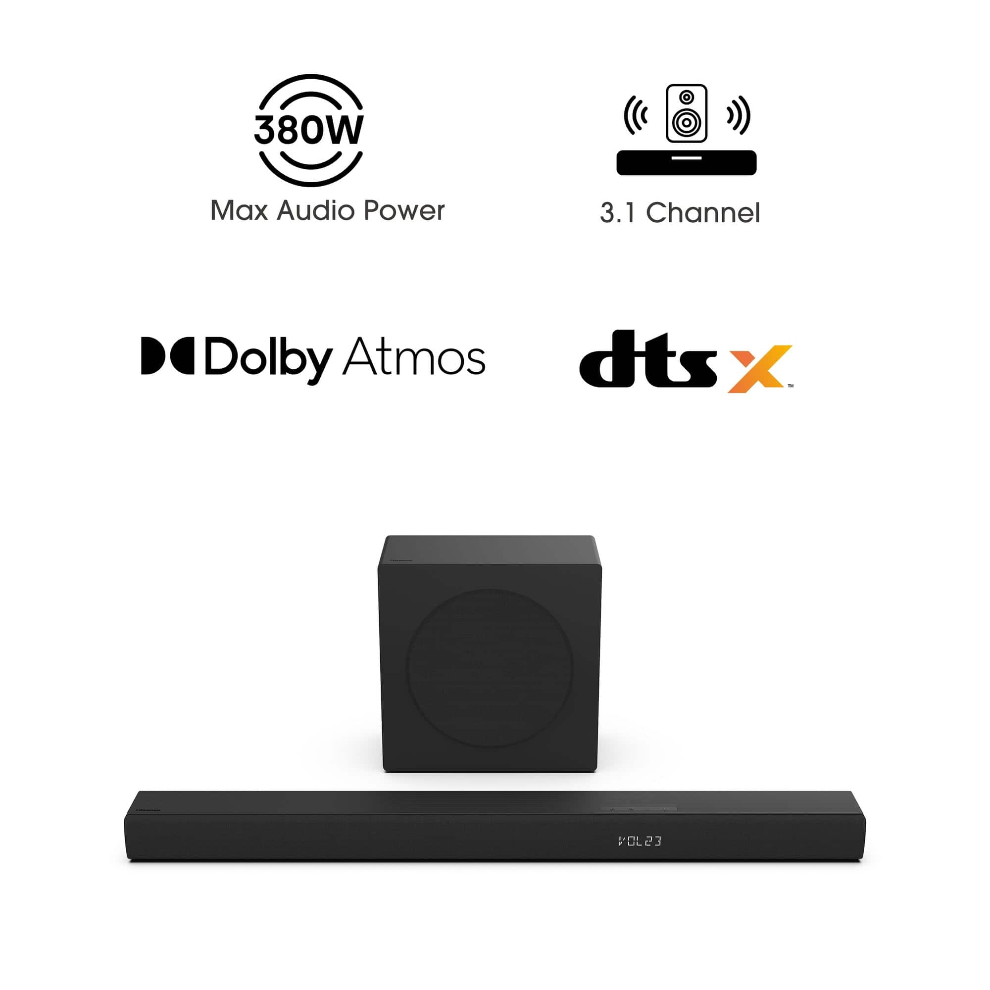 380W Max Audio Power, 3.1 Channel, Dolby Atmos, dts X, ESJDN