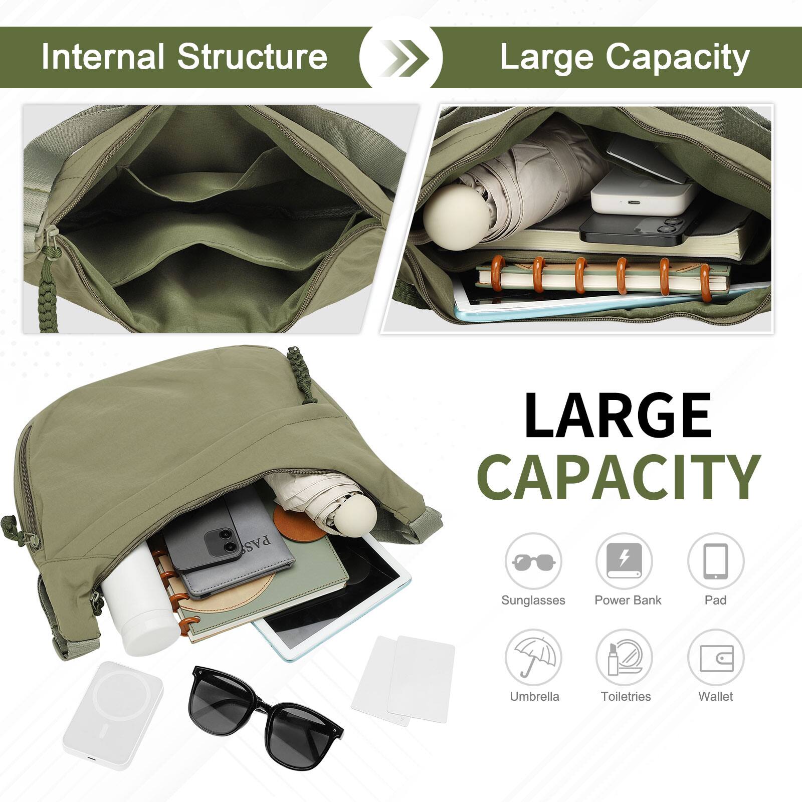 Internal Structure

Large Capacity

LARGE CAPACITY

- Sunglasses
- Power Bank
- Pad
- Umbrella
- Toiletries
- Wallet