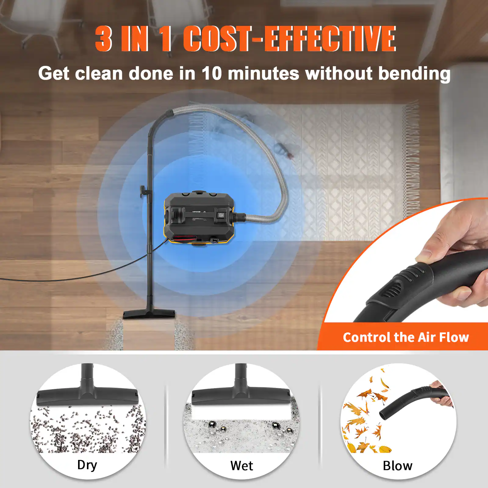 3 IN 1 COST-EFFECTIVE  
Get clean done in 10 minutes without bending  

Control the Air Flow  
Dry  
Wet  
Blow