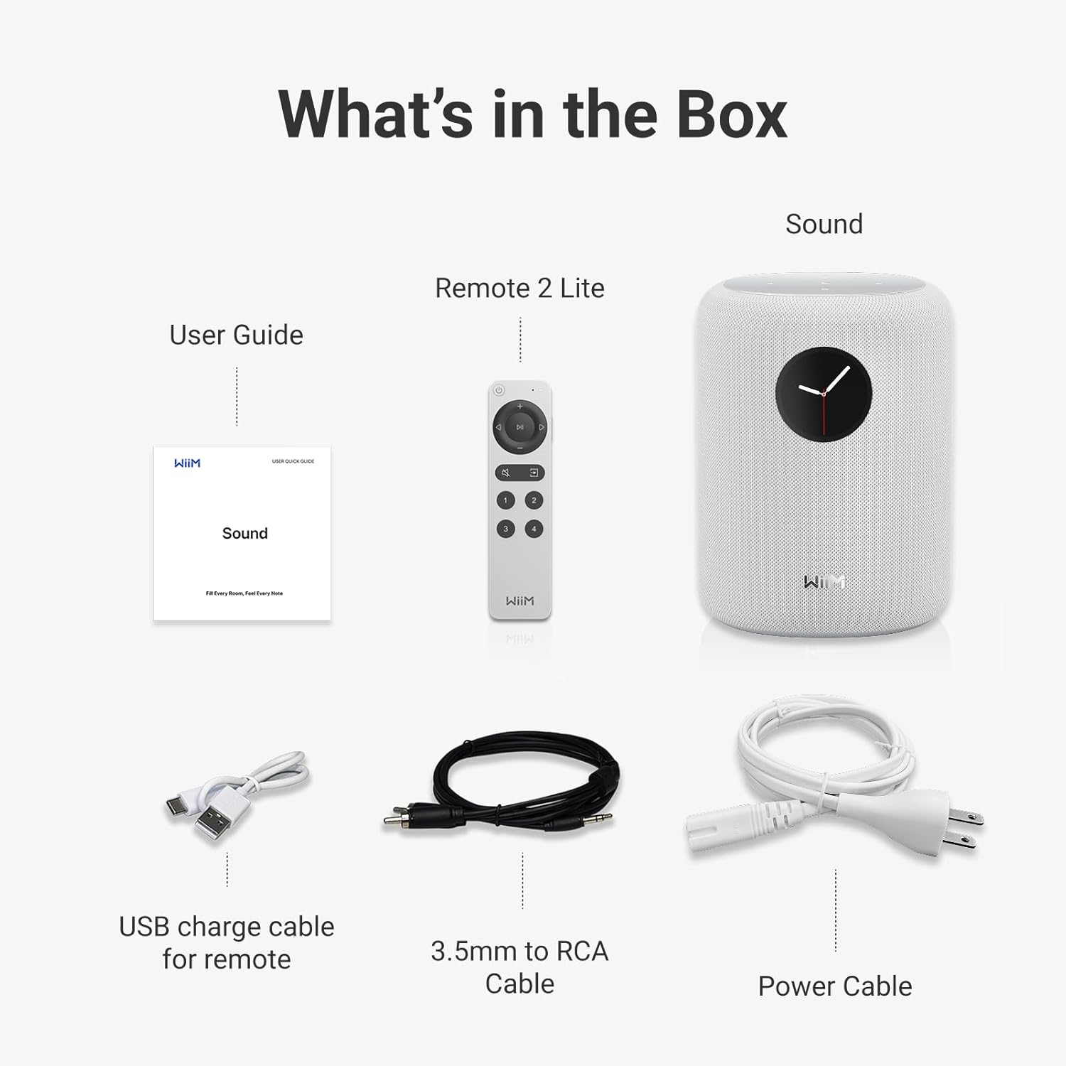What's in the Box Sound Remote 2 Lite User Guide - - - P m x I i Sound I a WIIM Wi 1 HEN USB charge cable for remote 3. 5mm to RCA Cable Power Cable