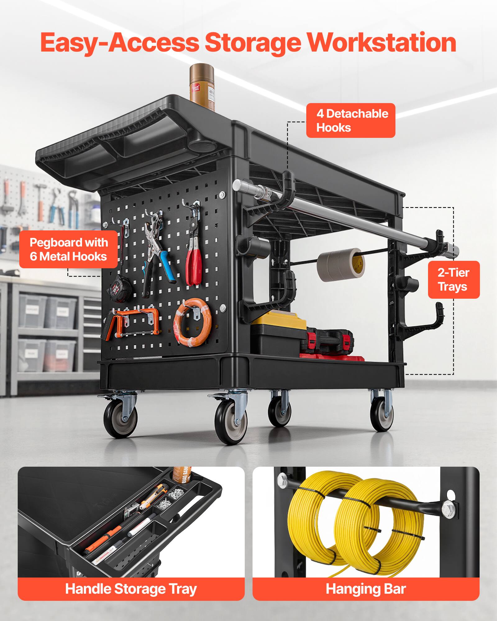 Easy-Access Storage Workstation

- 4 Detachable Hooks
- Pegboard with 6 Metal Hooks
- 2-Tier Trays
- Handle Storage Tray
- Hanging Bar