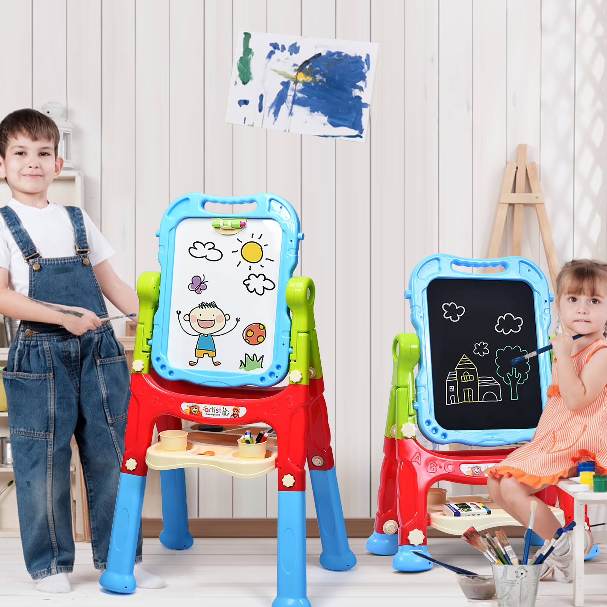 Alt View 11. Costway - Height Adjustable Kids Art Easel Magnetic Double Sided Board with Accessories - Blue.