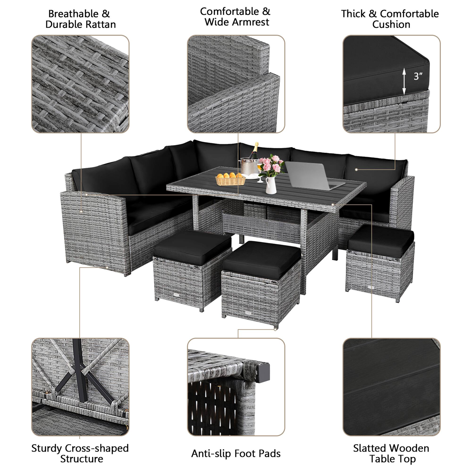 - Breathable & Durable Rattan
- Comfortable & Wide Armrest
- Thick & Comfortable Cushion (3")
- Sturdy Cross-shaped Structure
- Anti-slip Foot Pads
- Slatted Wooden Table Top