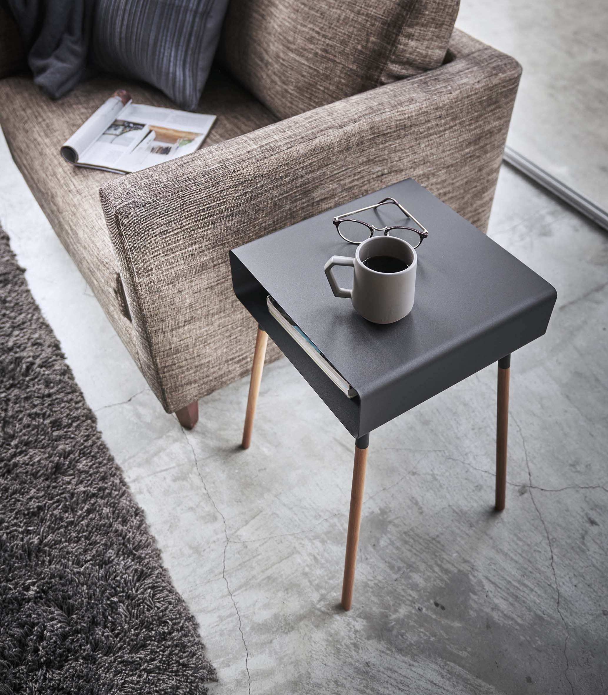 Left. Yamazaki Home - Storage Table - Tall (23" H)  - Steel + Wood - Black.