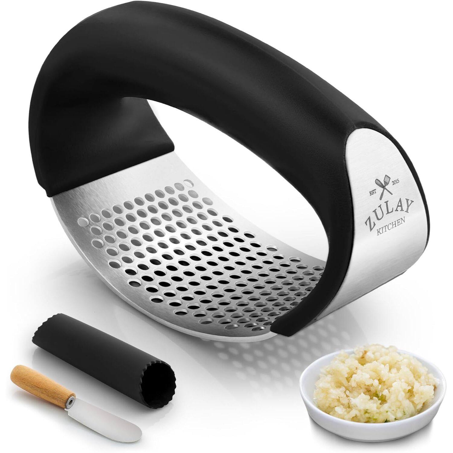 Zulay Kitchen - Stainless Steel Garlic Press Rocker with Peeler and Scraper - Black