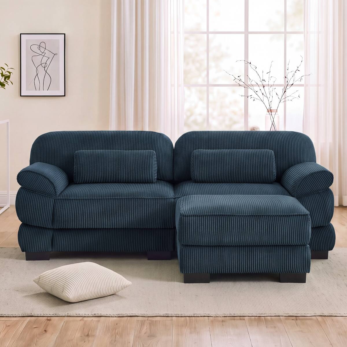Front. Ropilly - Ropilly Blue Corduroy Modular Sectional Sofa, 76.4 Inch L Shaped Sectional Sofa, 2 Seater Sofa with Ottoman - Blue.