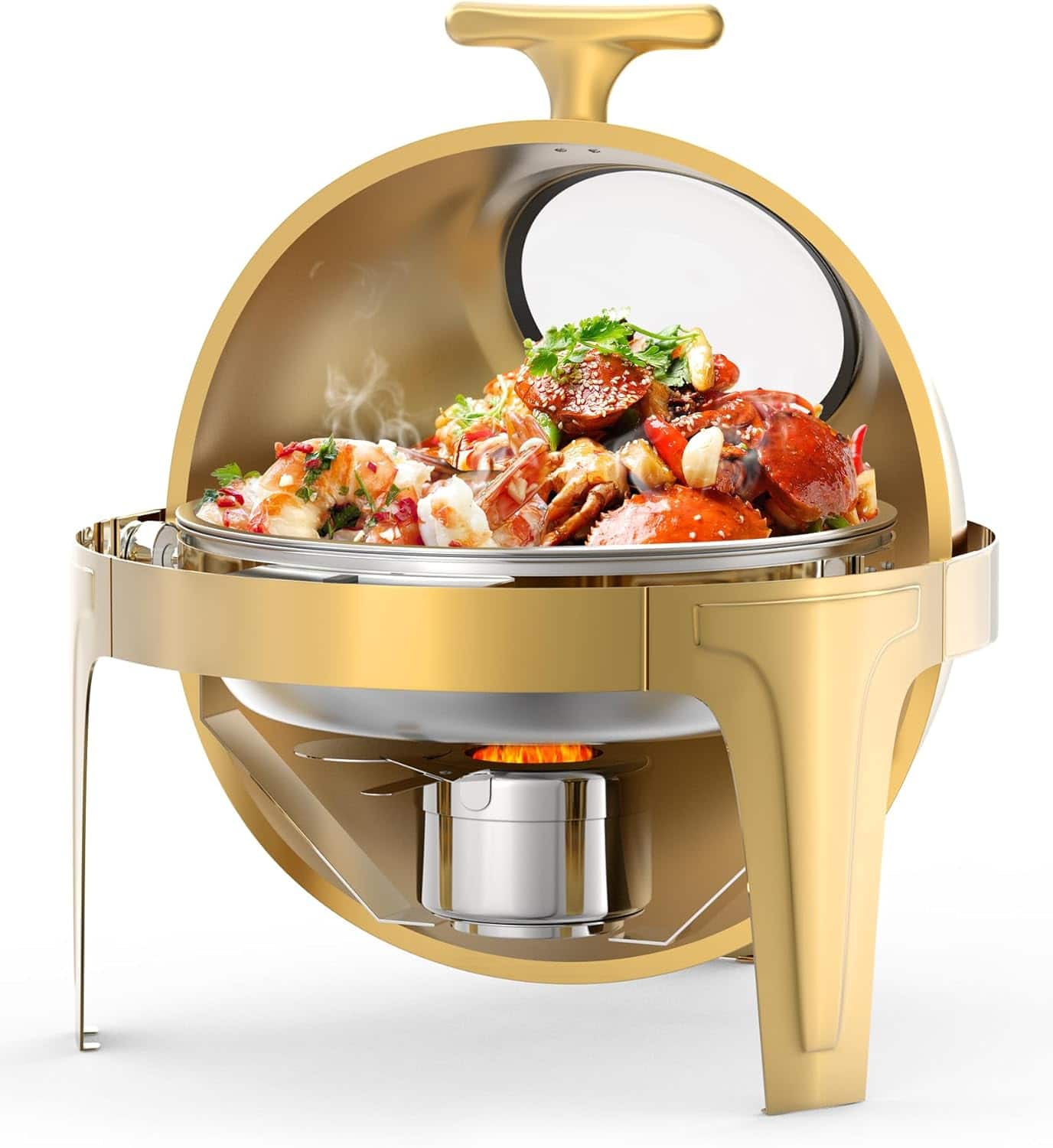 GARVEE - Roll Top Chafing Dish Buffet Set, 6.3 Qt Round Chafing Dish for Buffet, Stainless Steel Food Warmer Chafer - Gold