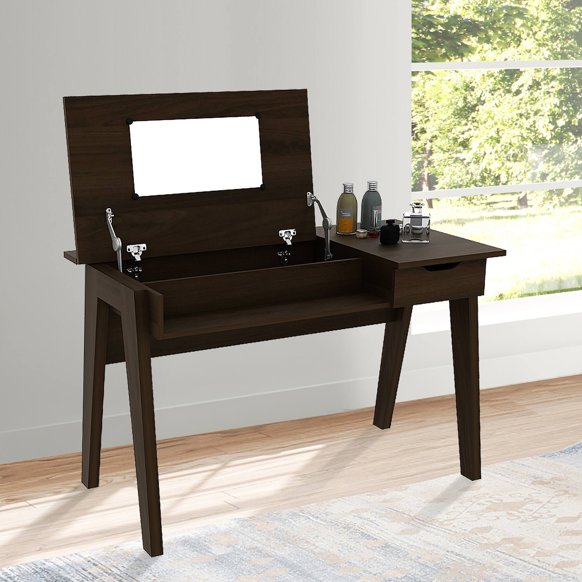 Alt View 8. Costway - Costway Vanity Table with Flip Mirror Writing Computer Desk Storage Drawer - Walnut.
