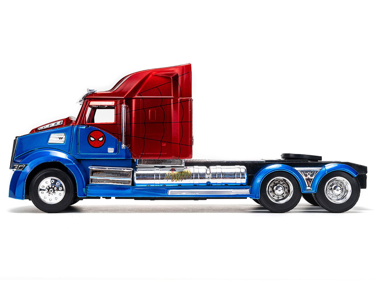 Alt View 2. Jada - Western Star 57X Truck Tractor "Spider-Man" Blue and Red Metallic "Hollywood Rides" Series 1/24 Diecast Model by Jada.