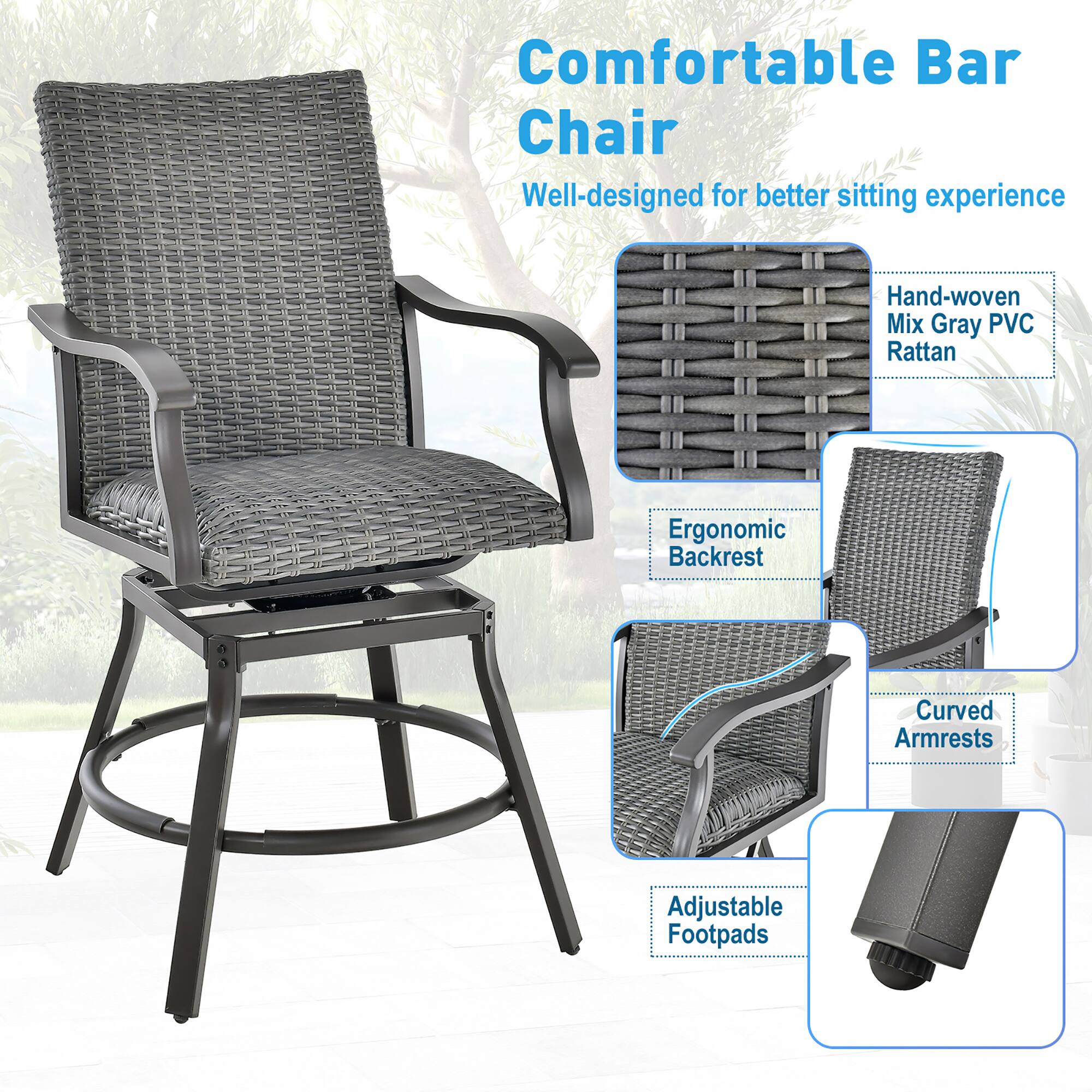 Comfortable Bar Chair  
Well-designed for better sitting experience  
Hand-woven Mix Gray PVC Rattan  
Ergonomic Backrest  
Curved Armrests  
Adjustable Footpads